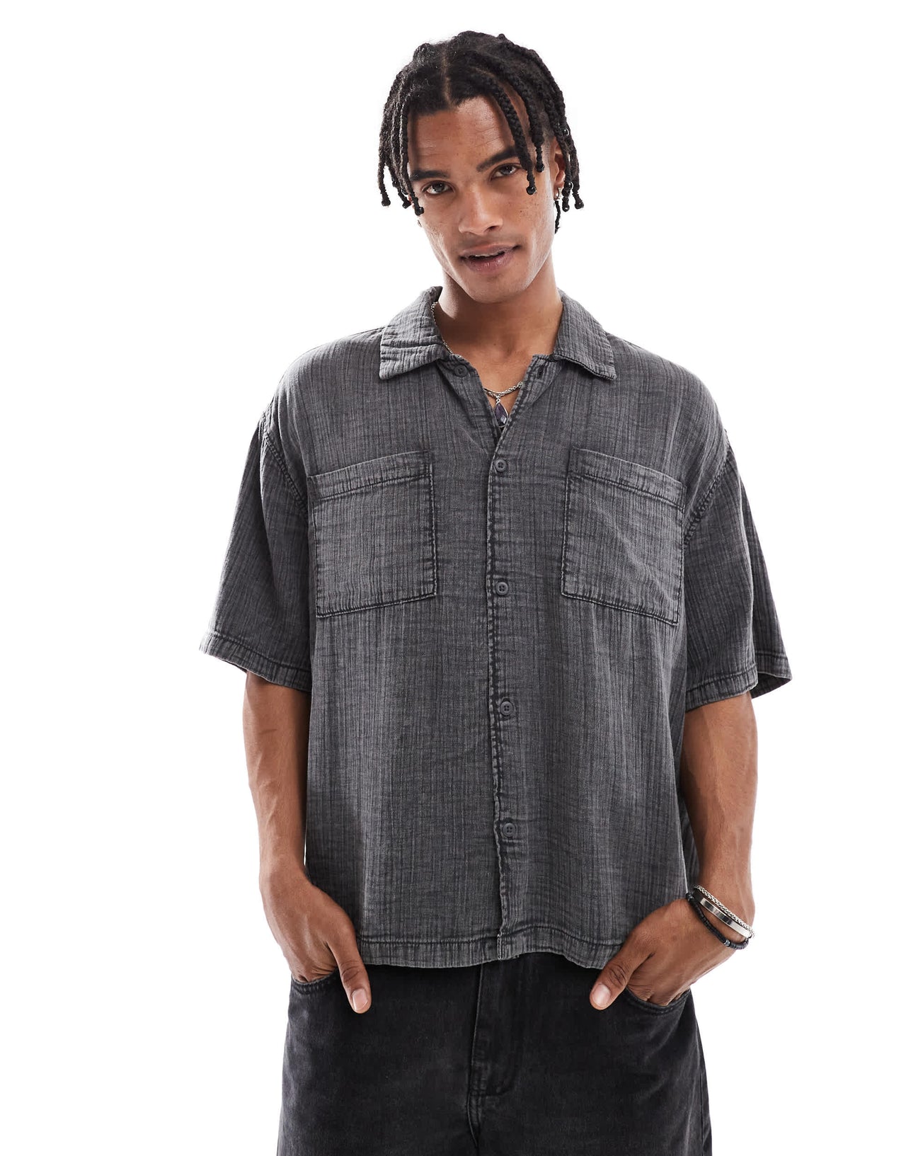 Bershka washed textured shirt in black