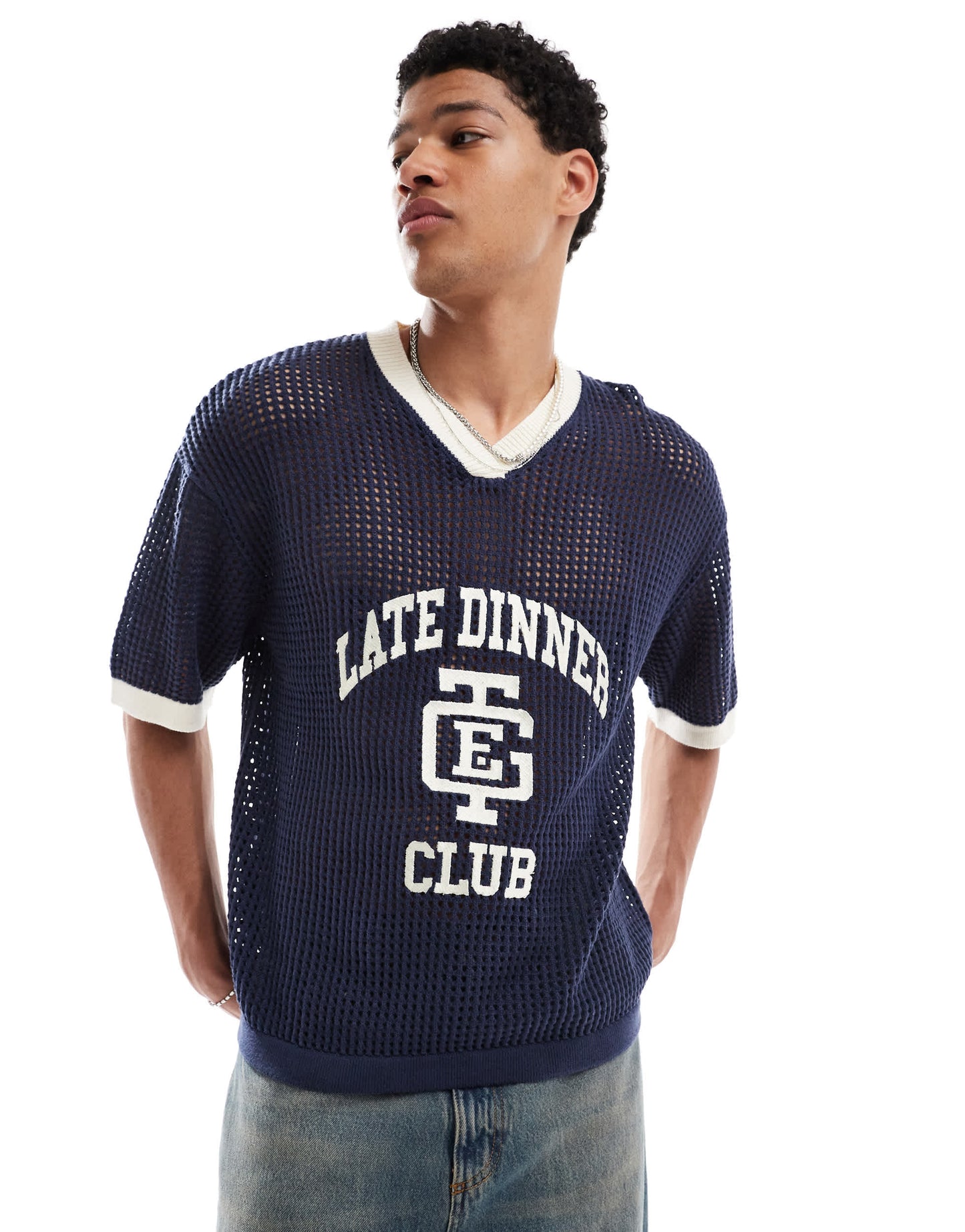 Bershka knitted mesh late club t-shirt in navy