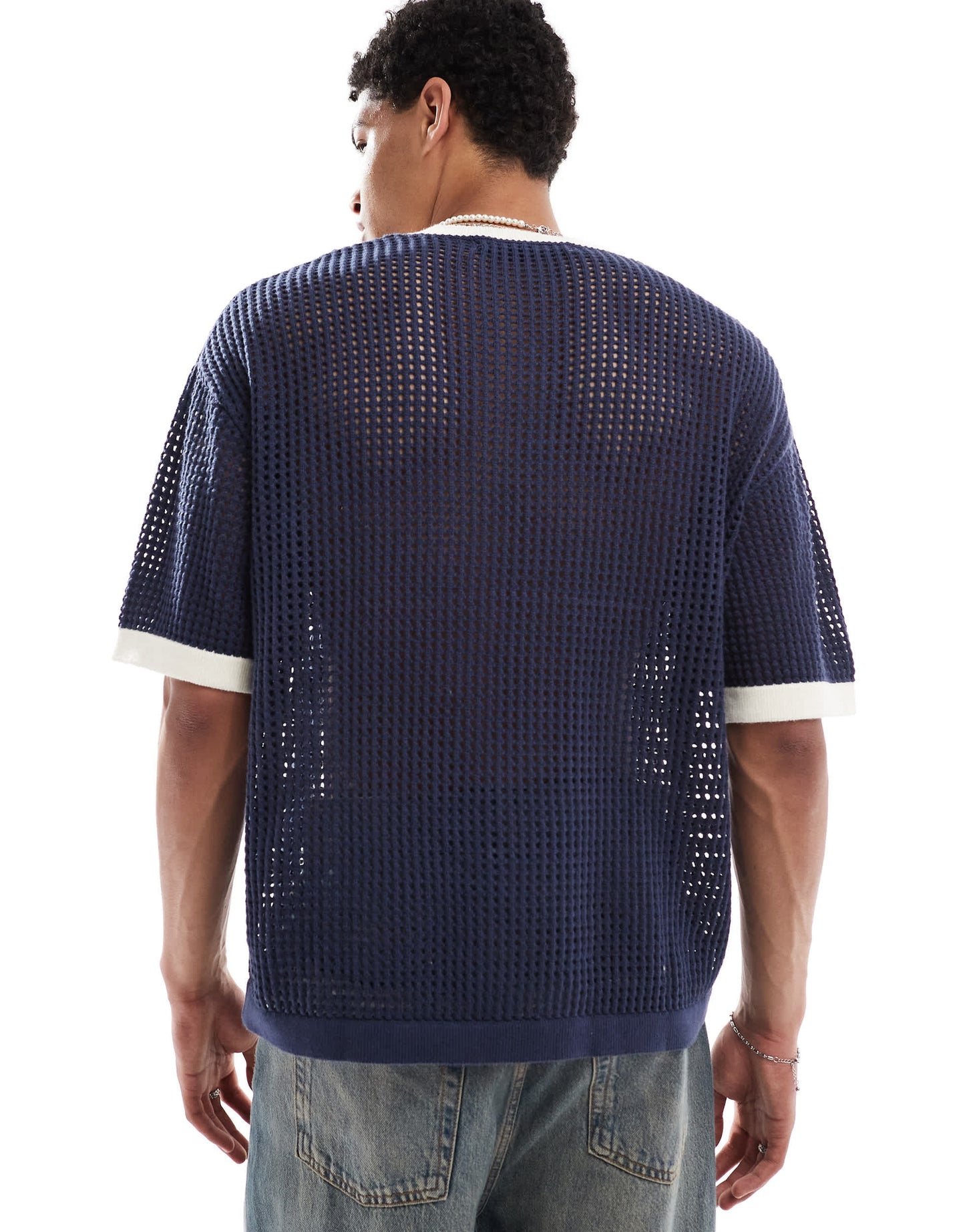 Bershka knitted mesh late club t-shirt in navy