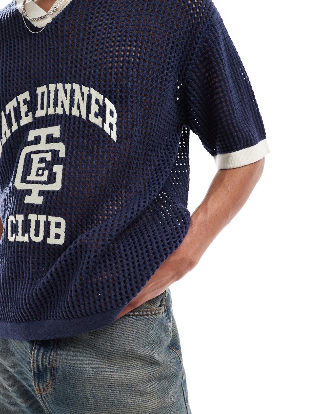 Bershka knitted mesh late club t-shirt in navy