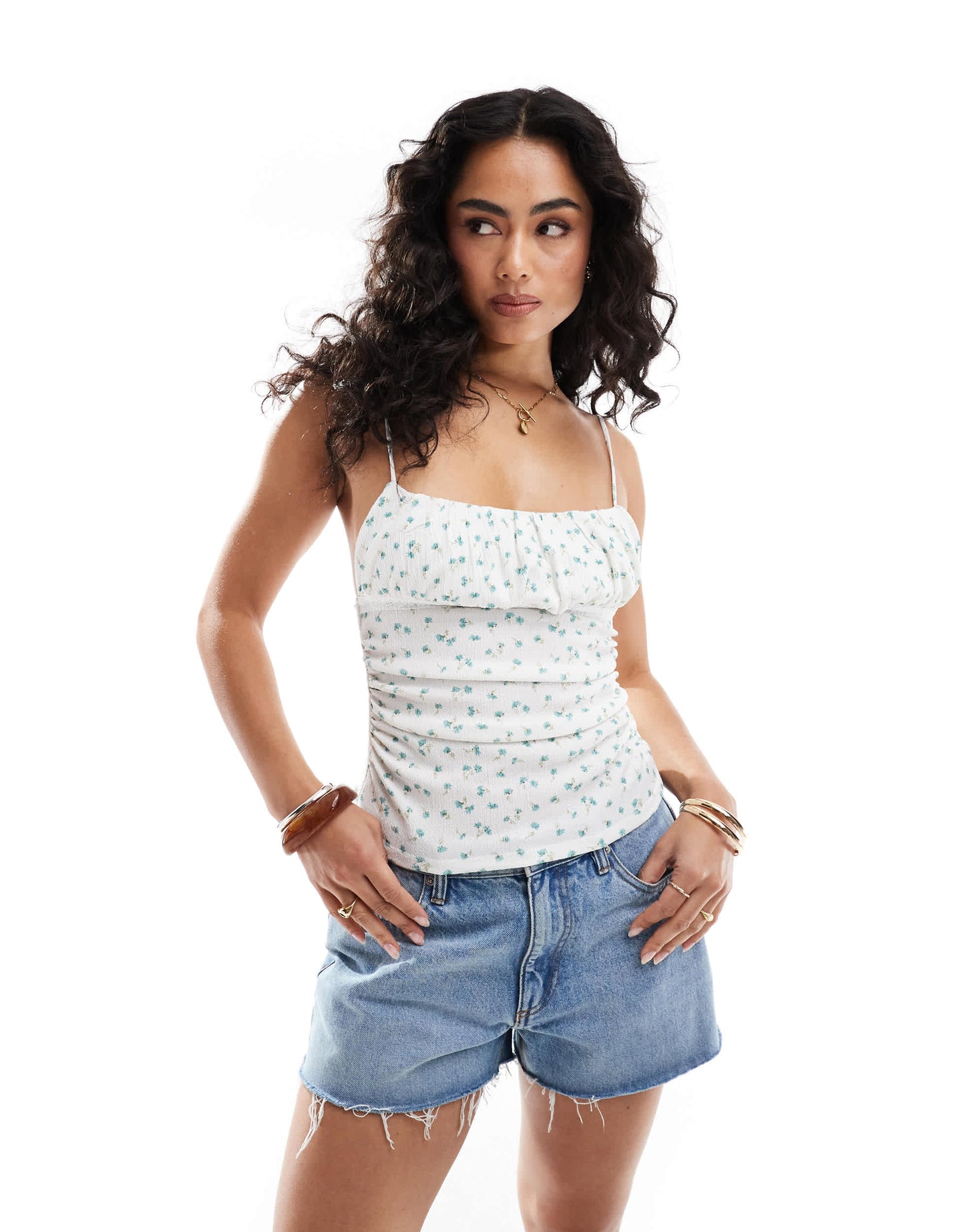 Pull&Bear floral ruche detail cami in white