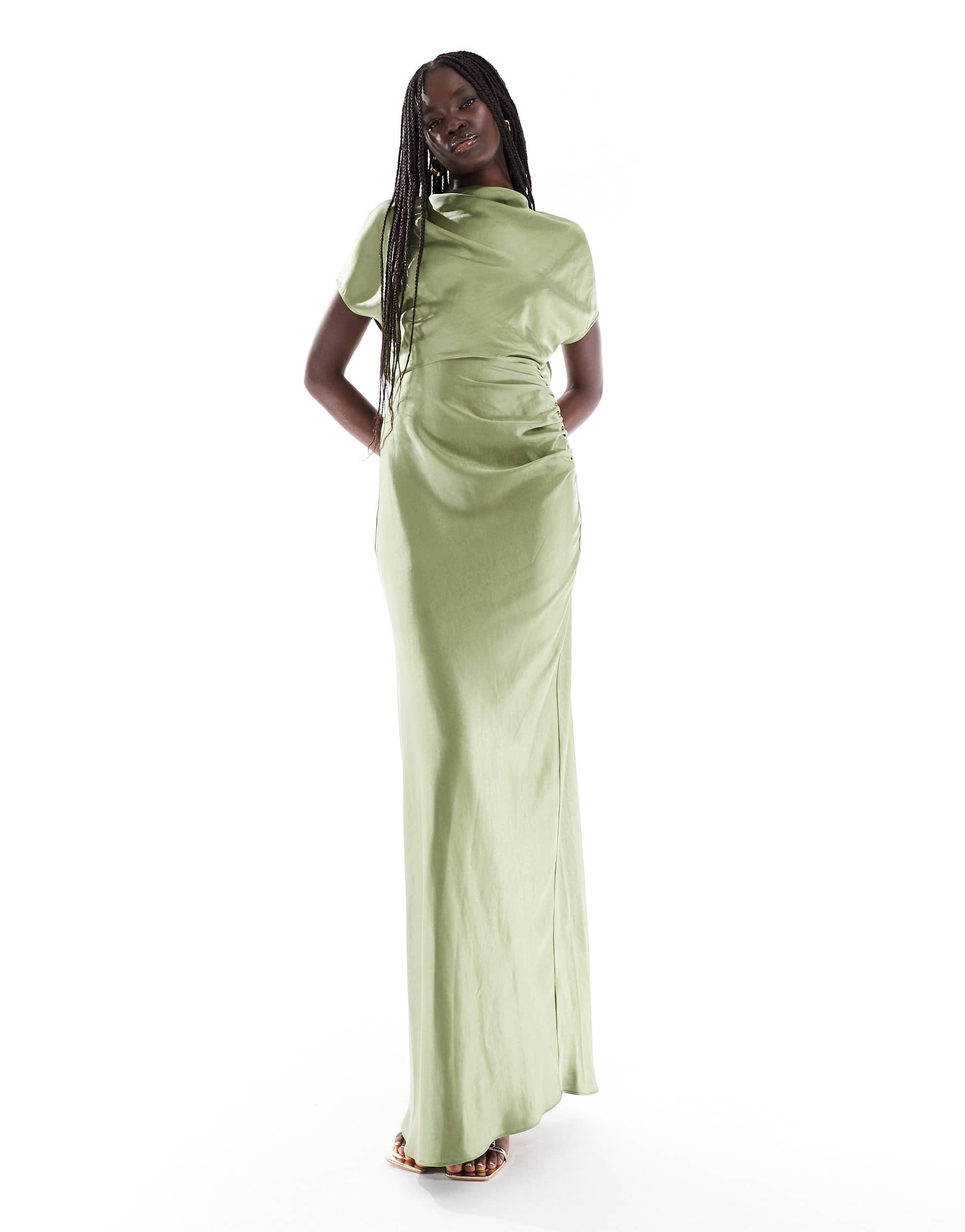 Six Stories Bridesmaid ruched drape satin maxi dress in moss green