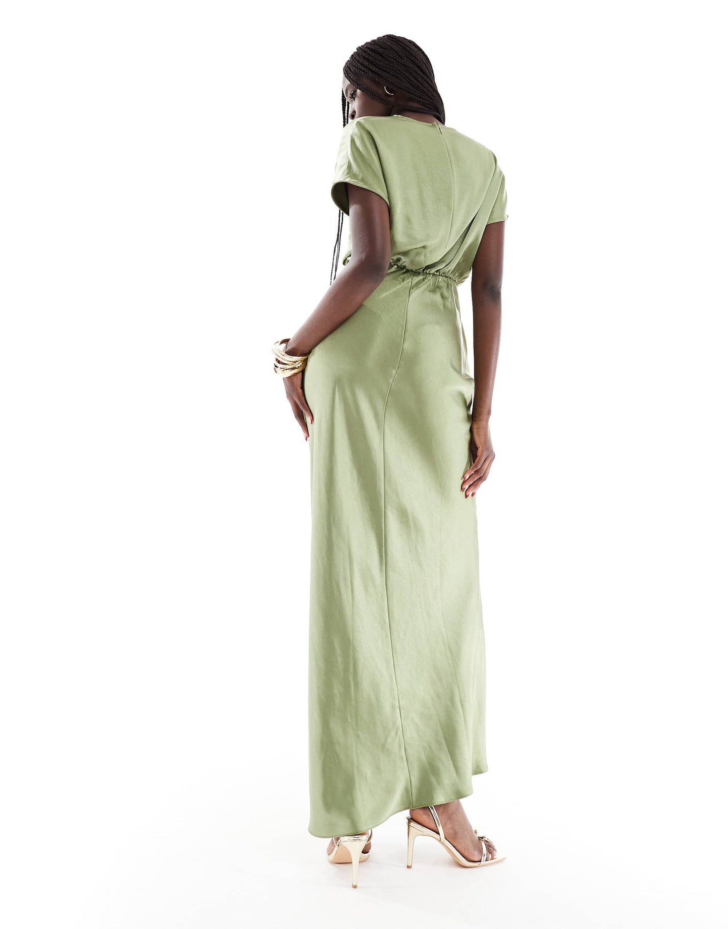 Six Stories Bridesmaid ruched drape satin maxi dress in moss green