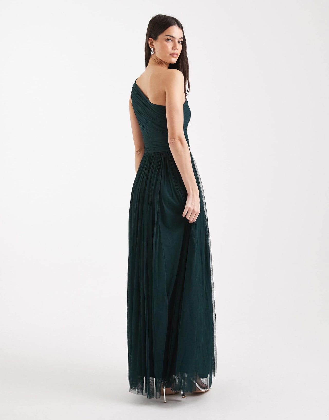 Lace & Beads Bridesmaid one shoulder maxi dress in forest green