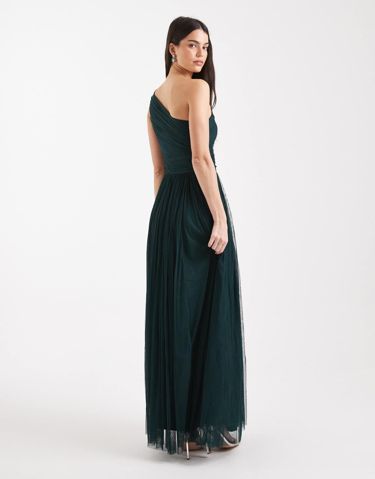 Lace & Beads Bridesmaid one shoulder maxi dress in forest green