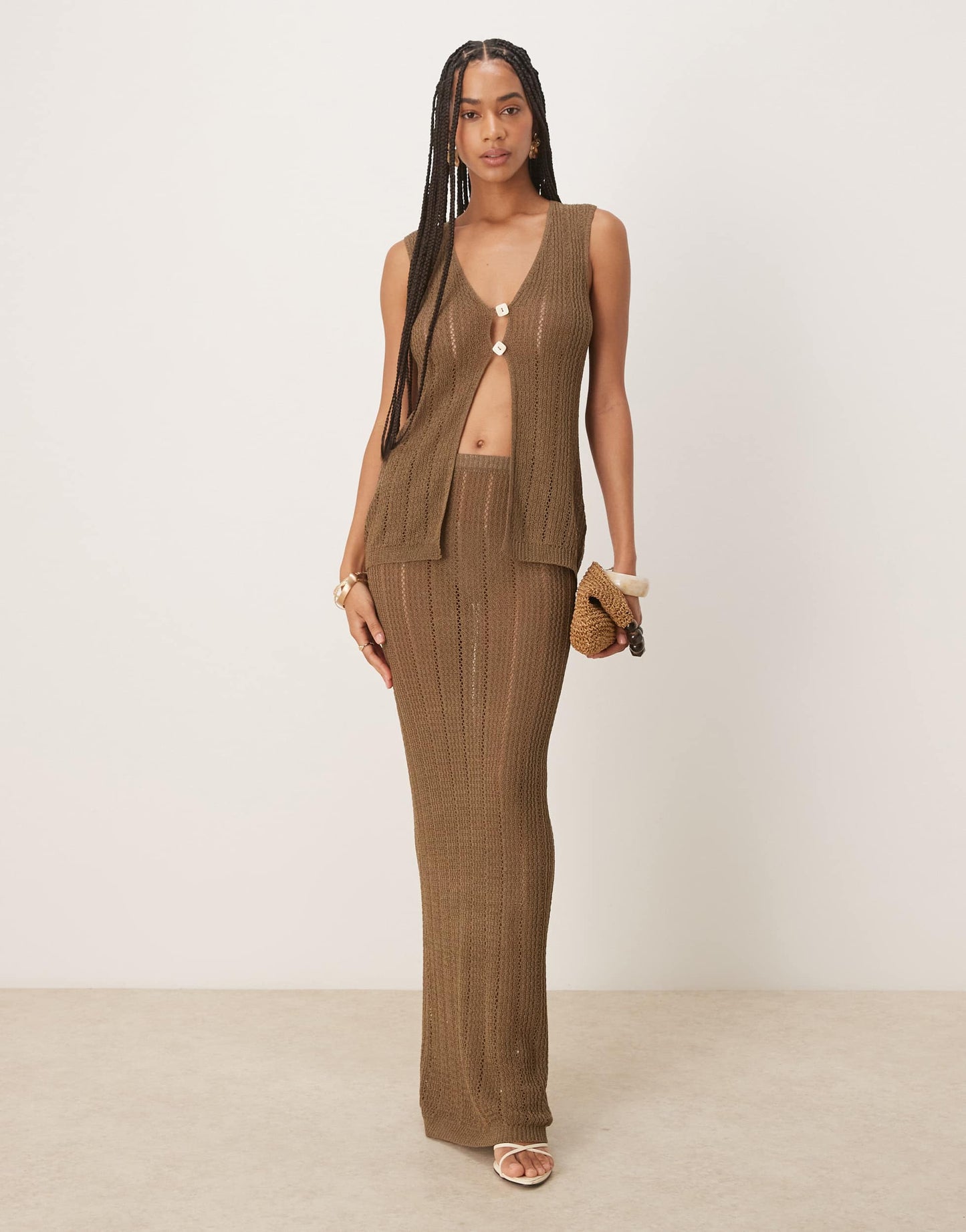 Six Stories crochet button vest top co-ord in mocha