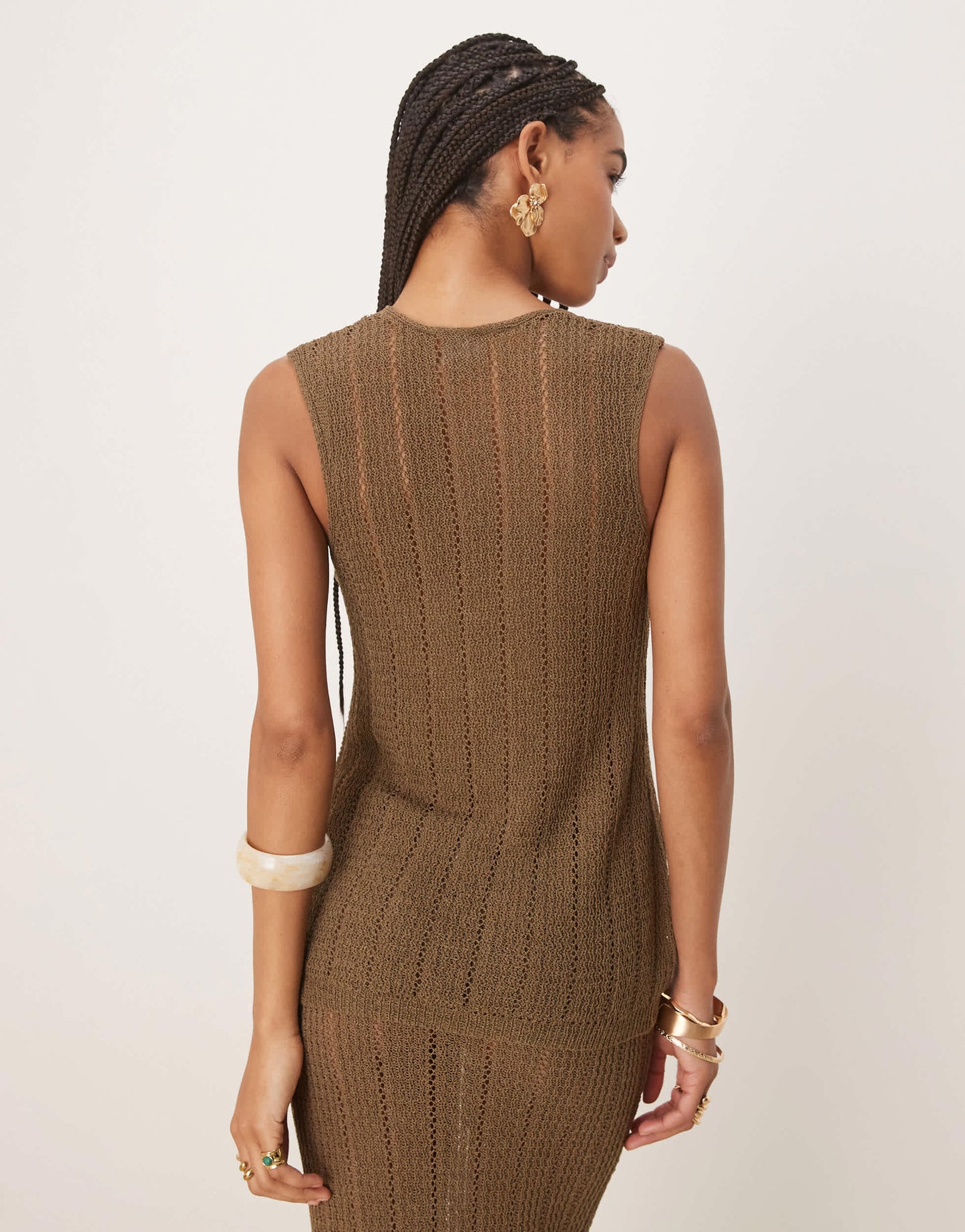 Six Stories crochet button vest top co-ord in mocha