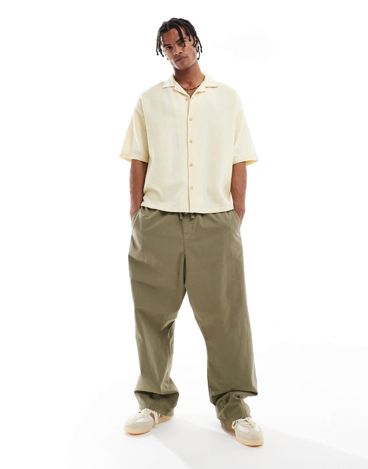 Pull&Bear STWD waffle textured short sleeve shirt in butter yellow