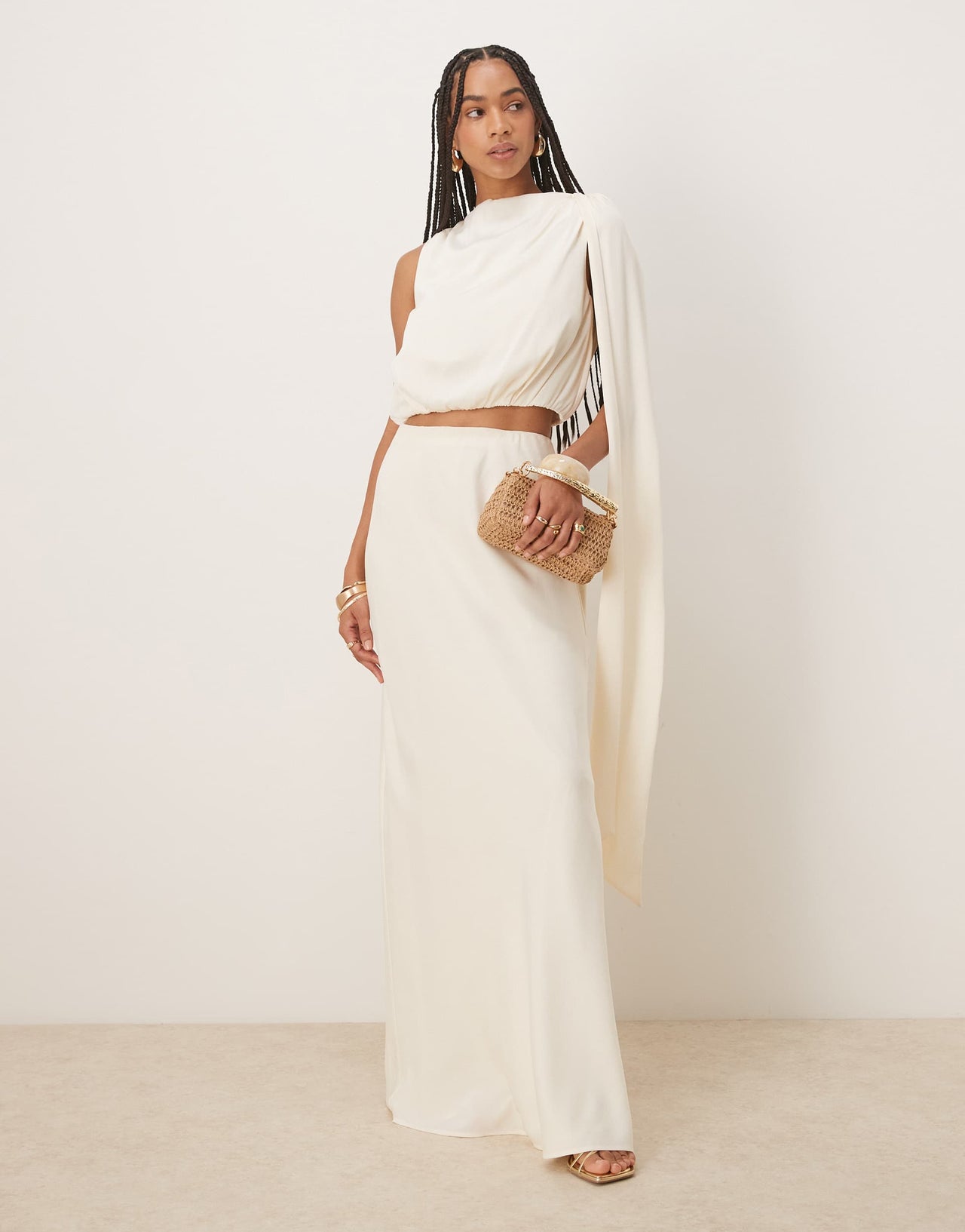 Six Stories drape detail high neck top co-ord in cream