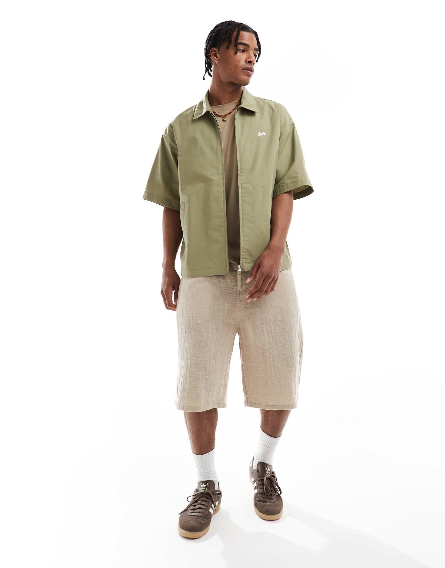Pull&Bear zip through shirt in khaki