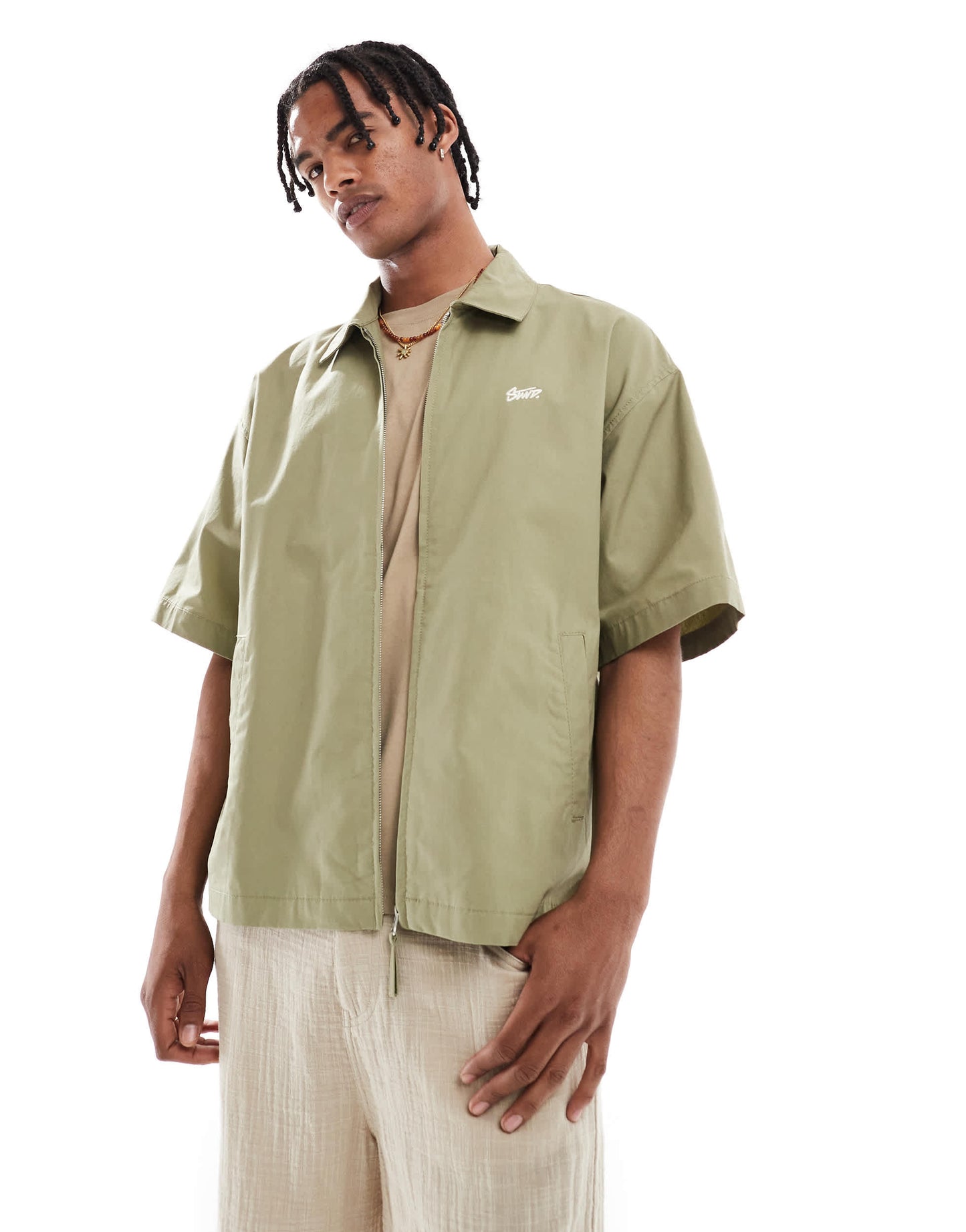 Pull&Bear zip through shirt in khaki