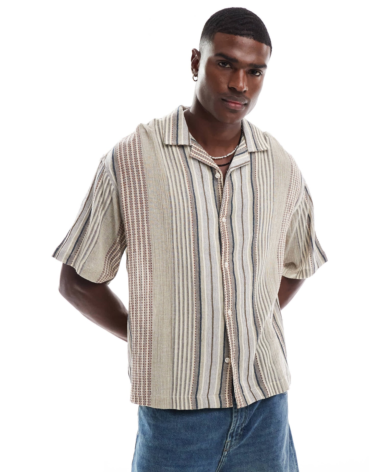 Pull&Bear textured retro striped shirt in brown
