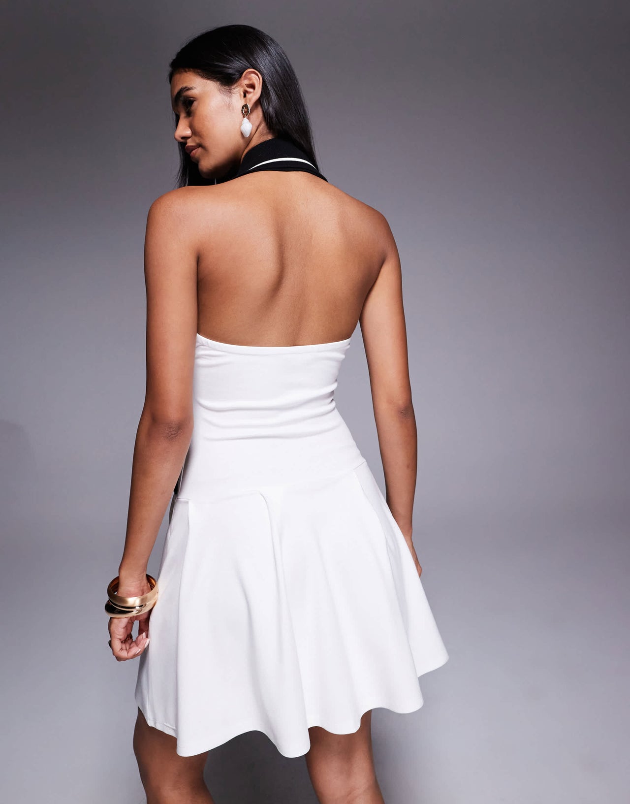 River Island contrast collared halterneck tennis dress in white