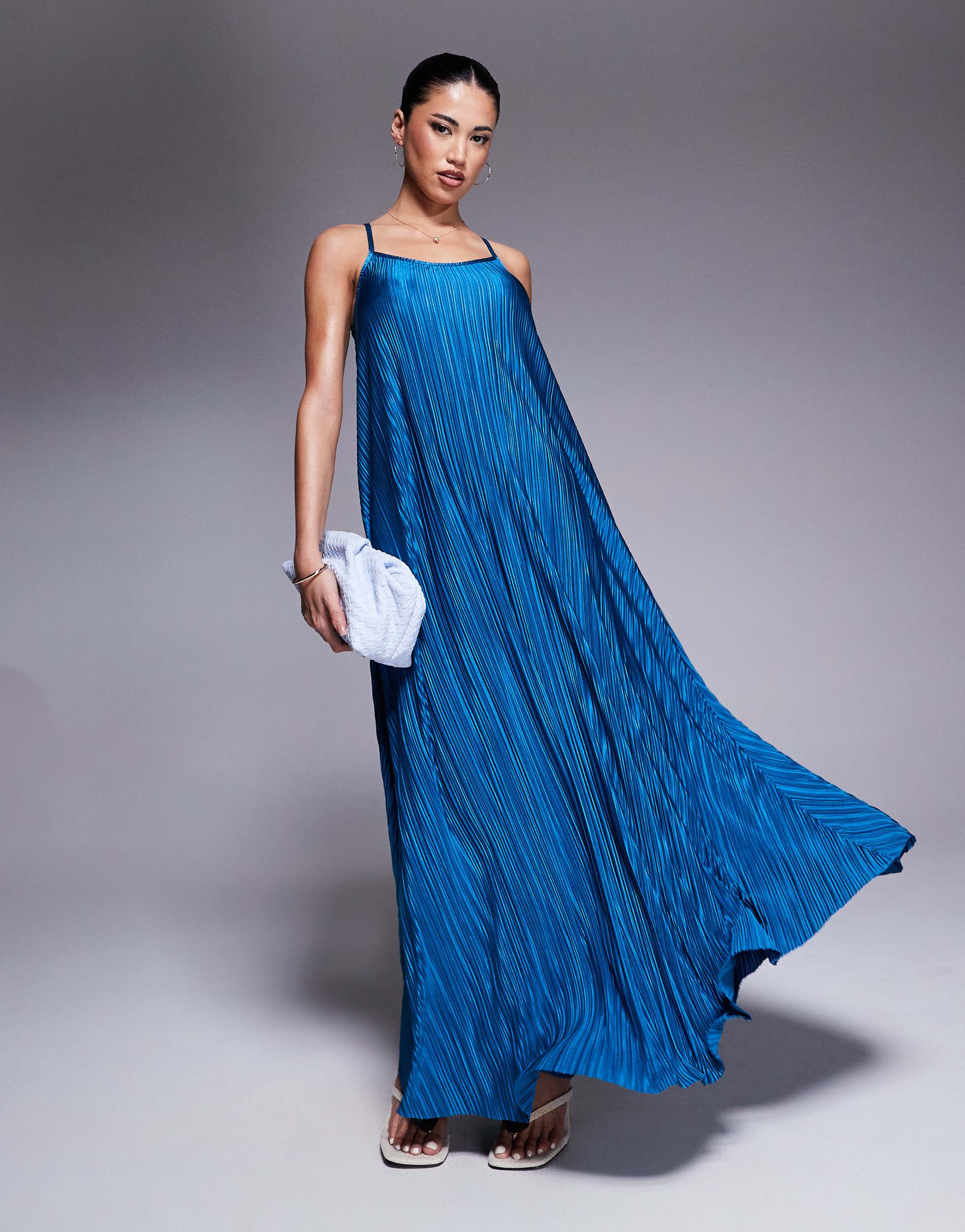 River Island plisse maxi dress with metal trim in blue