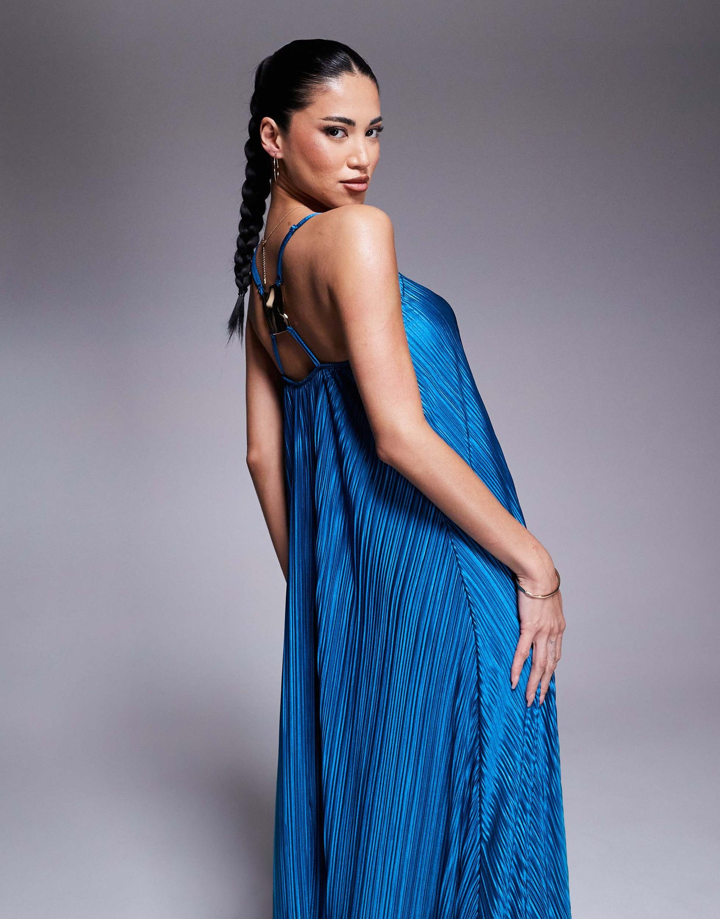 River Island plisse maxi dress with metal trim in blue