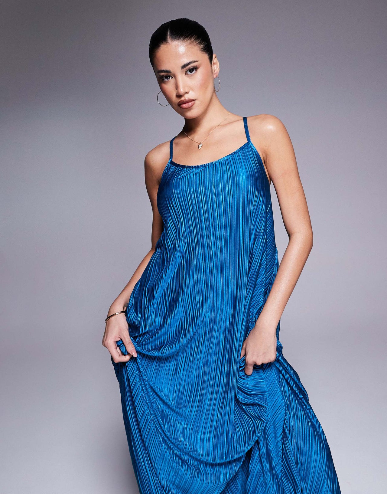 River Island plisse maxi dress with metal trim in blue