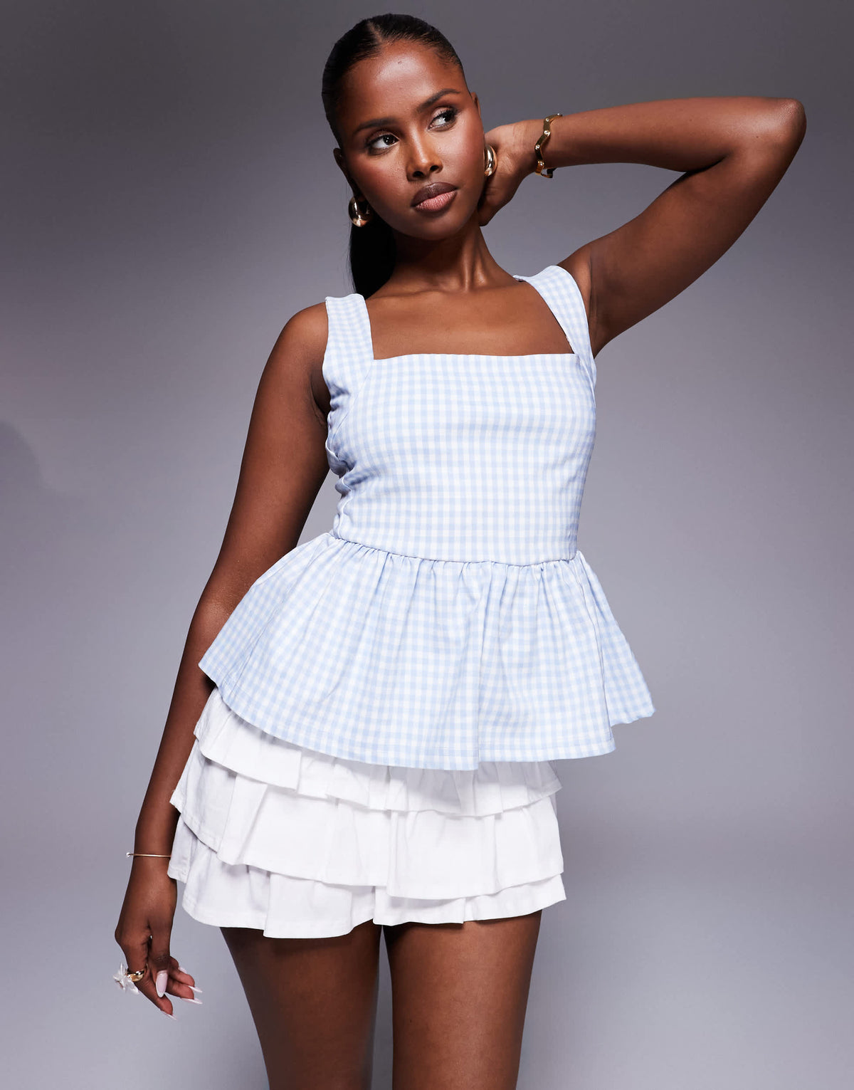 River Island gingham peplum top in light blue