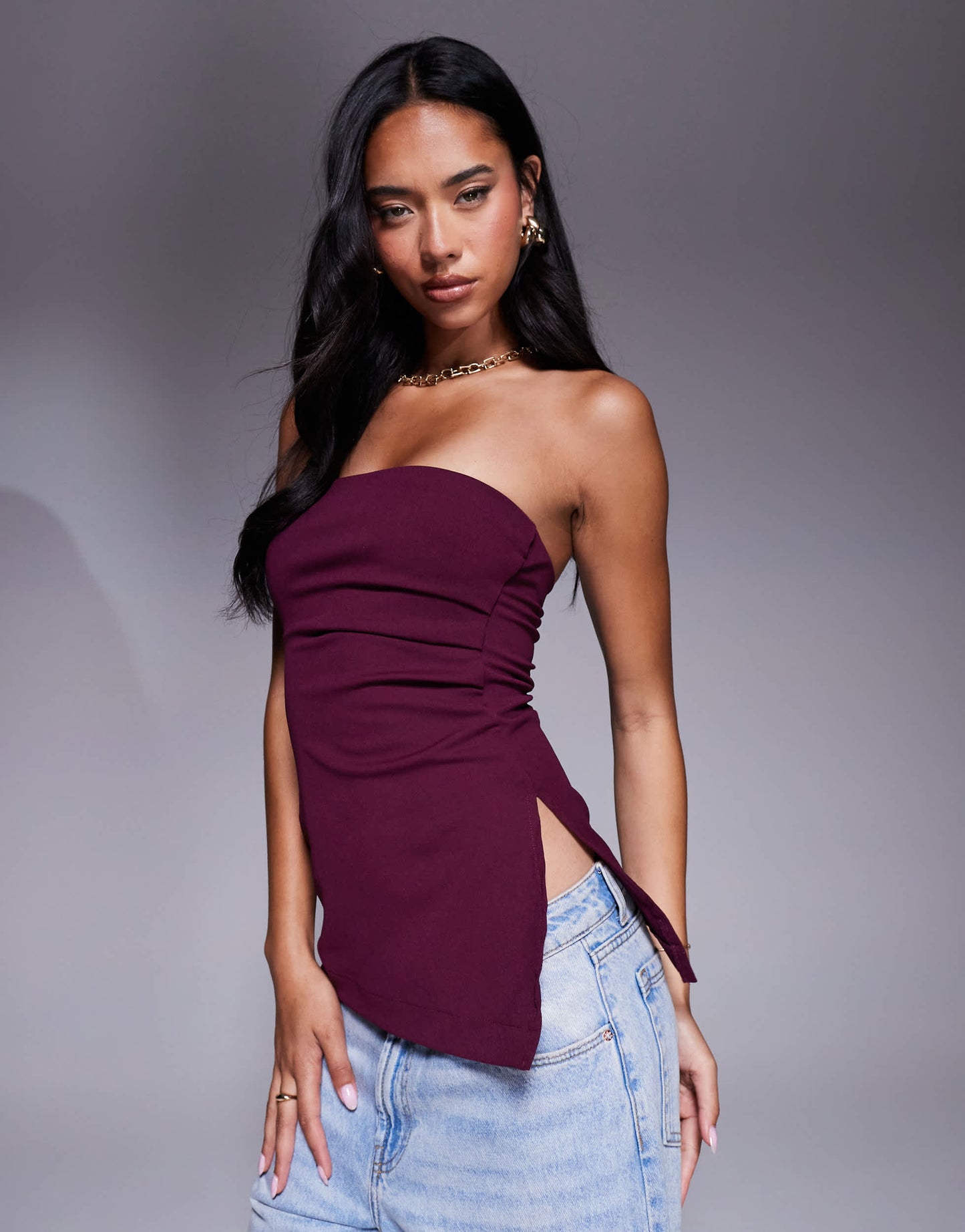 River Island drape longline bandeau top in burgundy