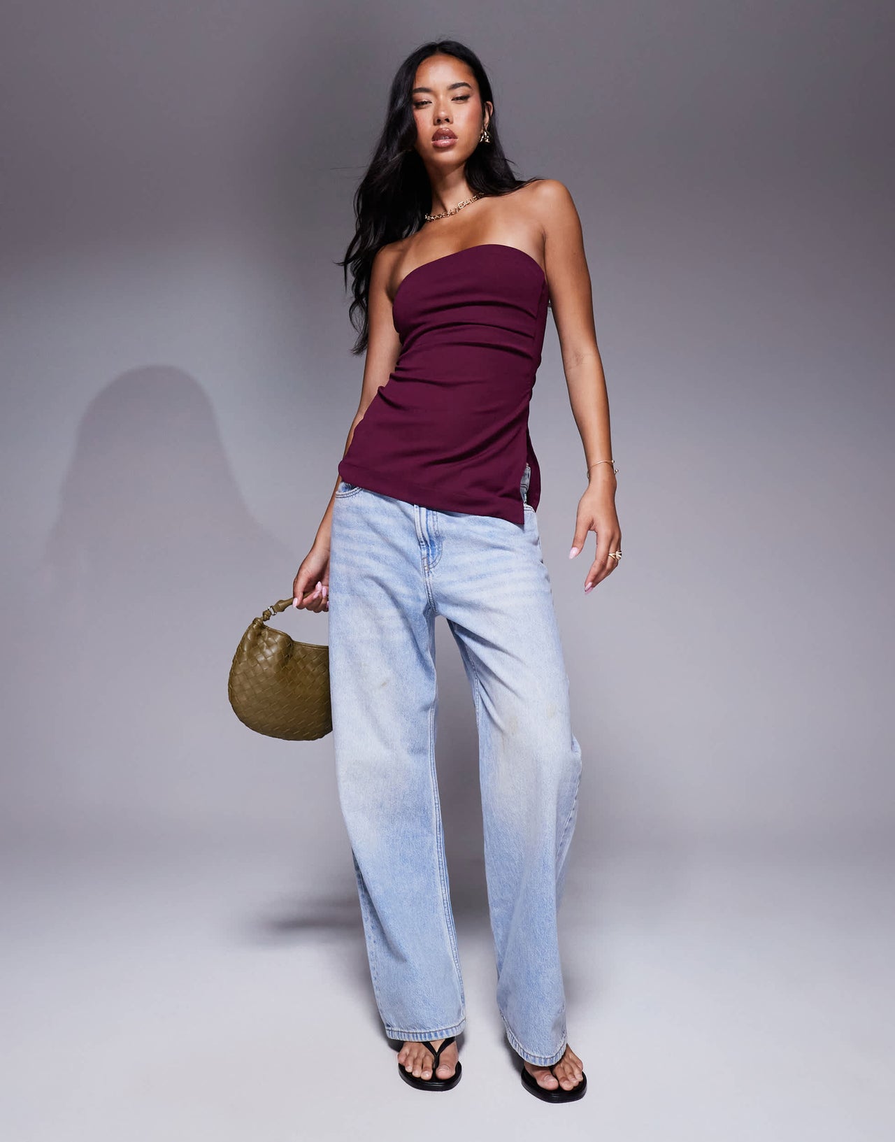 River Island drape longline bandeau top in burgundy