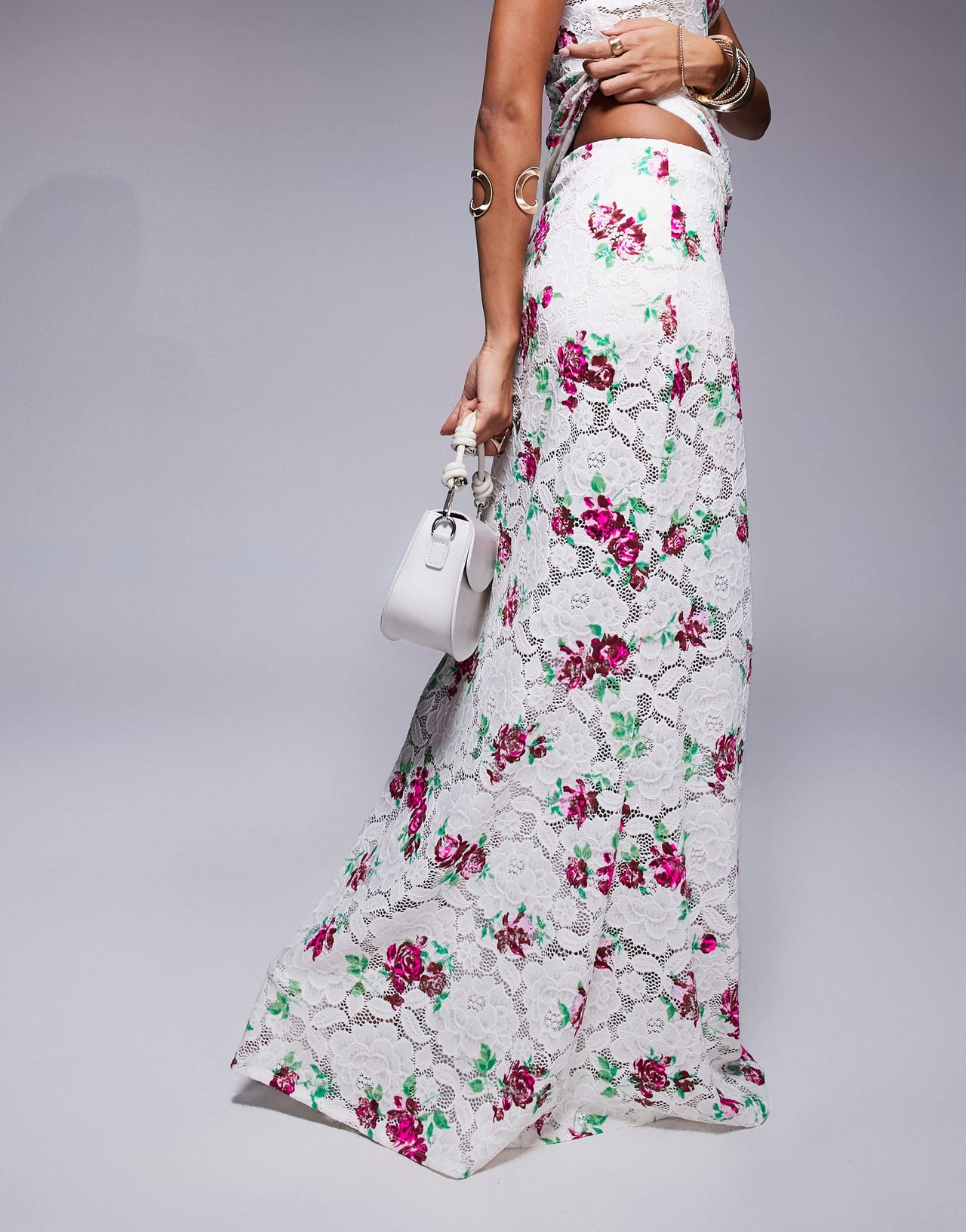 AFRM crochet lace maxi skirt co-ord in rose floral