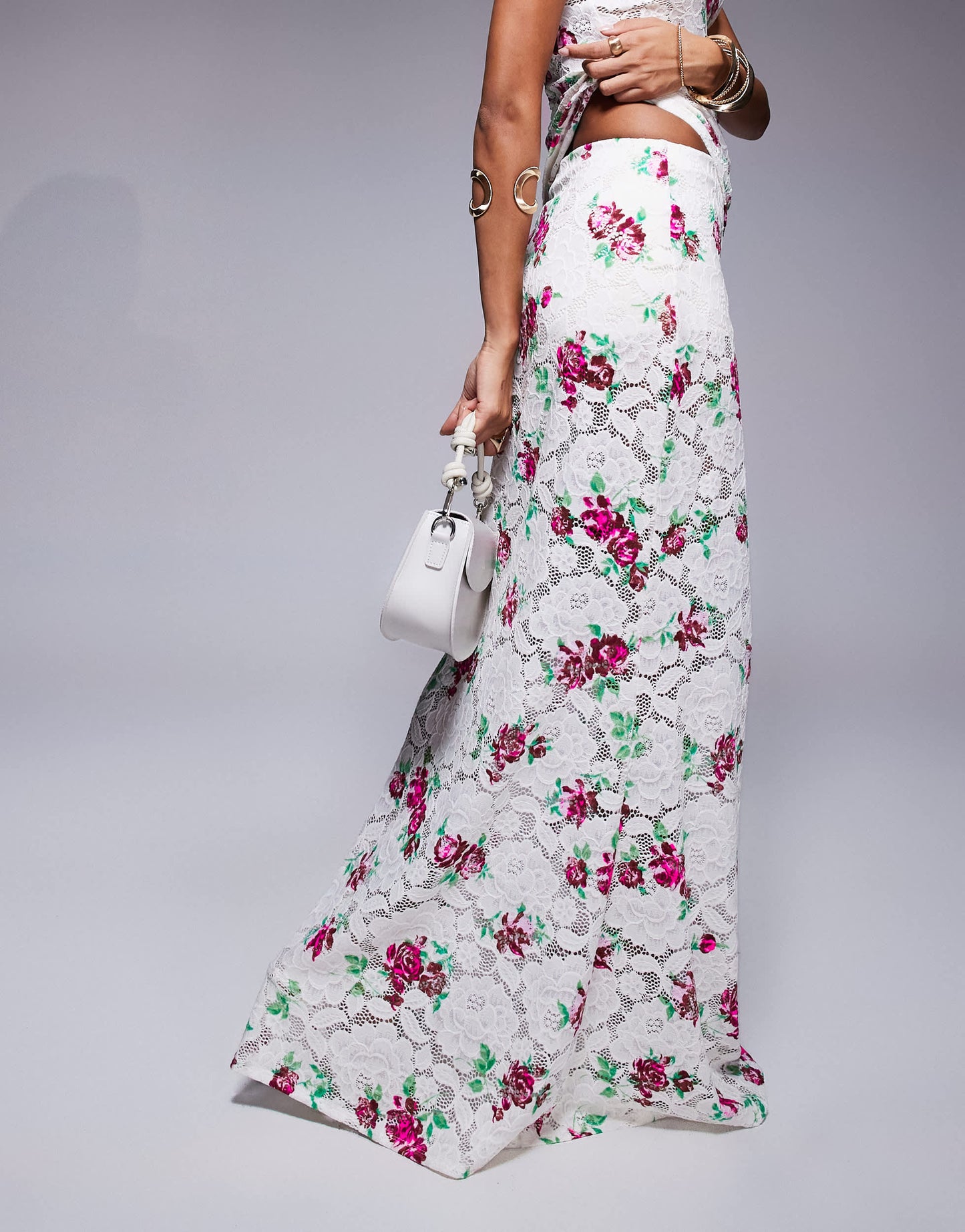 AFRM crochet lace maxi skirt co-ord in rose floral