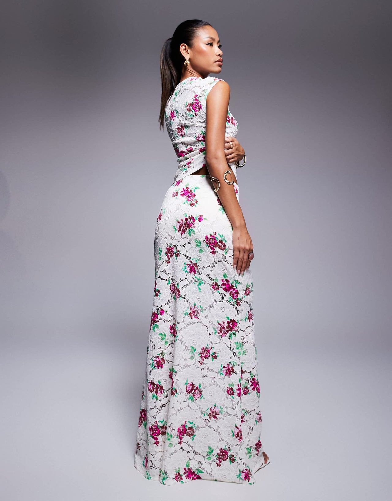 AFRM crochet lace maxi skirt co-ord in rose floral