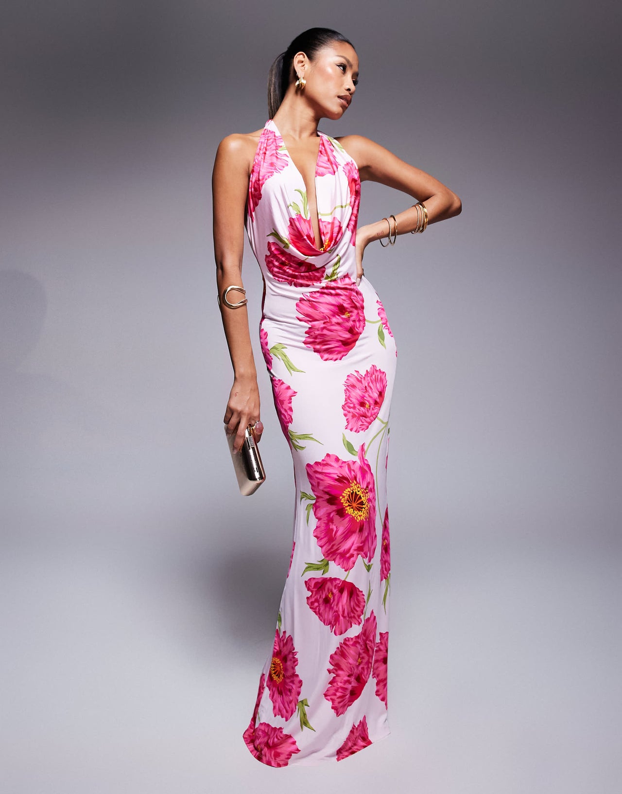 AFRM knit cowl neck halter neck maxi dress in pink floral