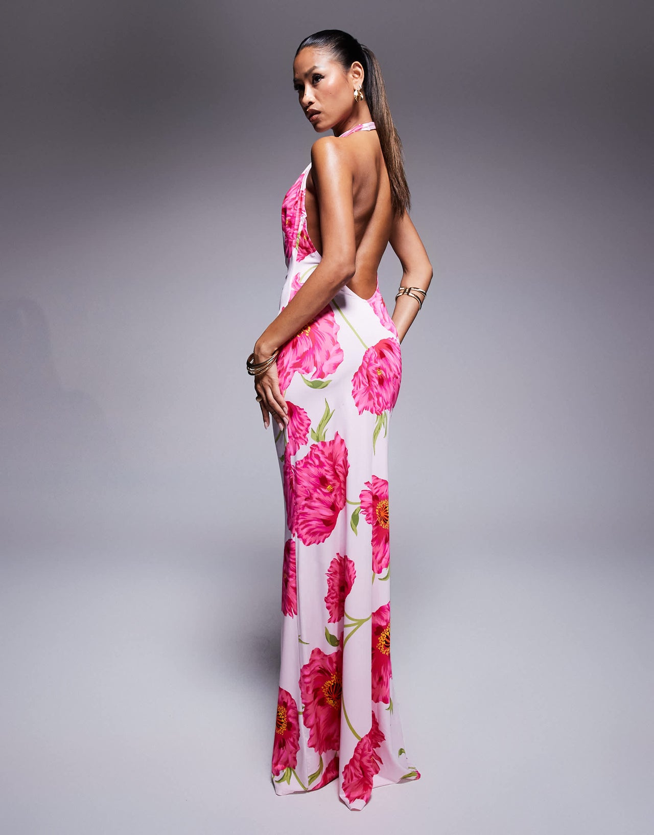 AFRM knit cowl neck halter neck maxi dress in pink floral