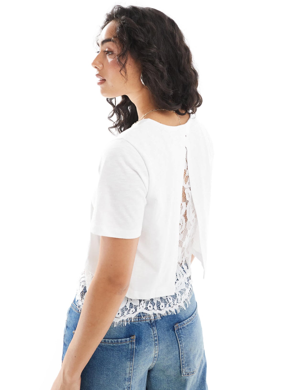 Miss Selfridge scallop hem lace underlay t-shirt in white