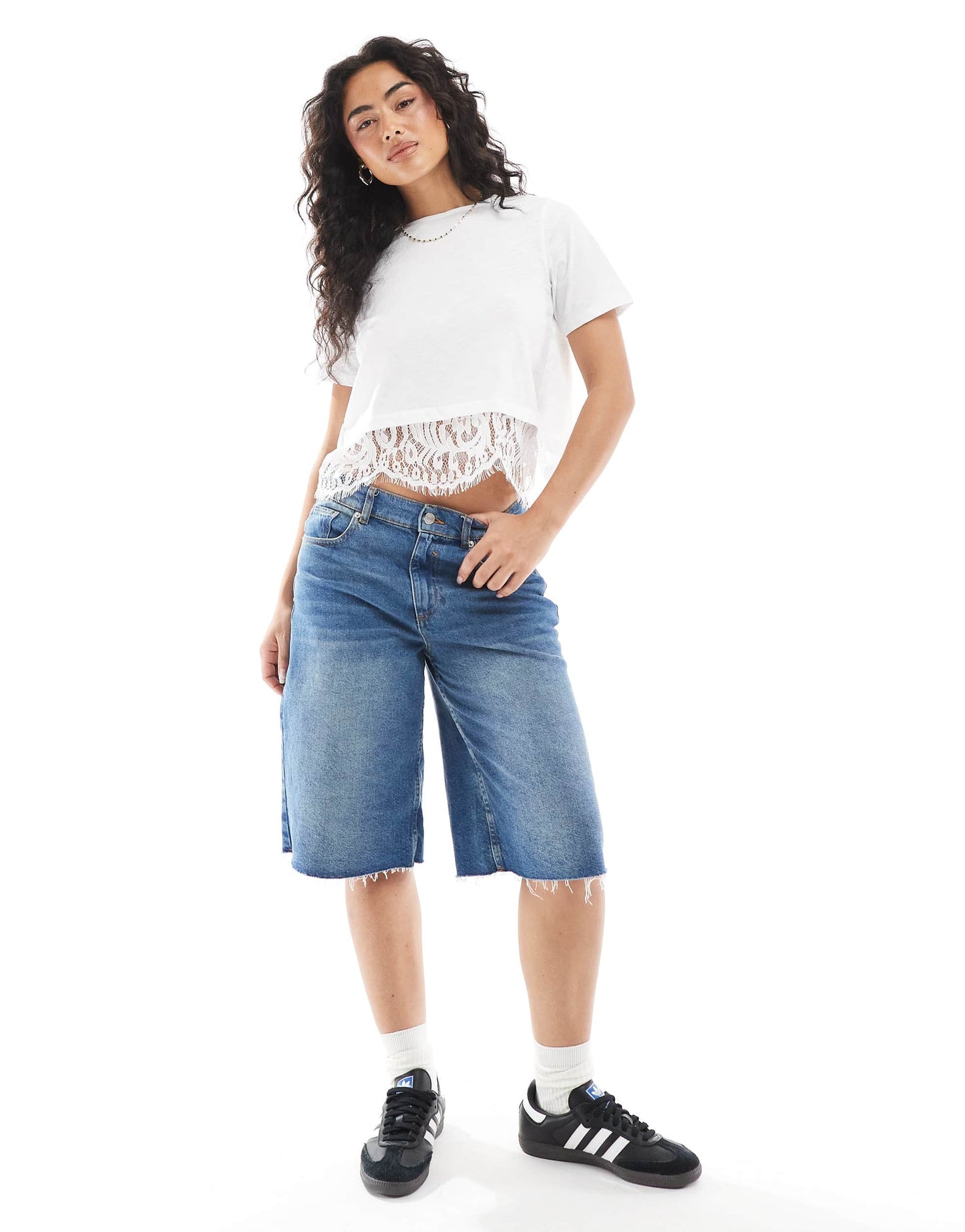 Miss Selfridge scallop hem lace underlay t-shirt in white