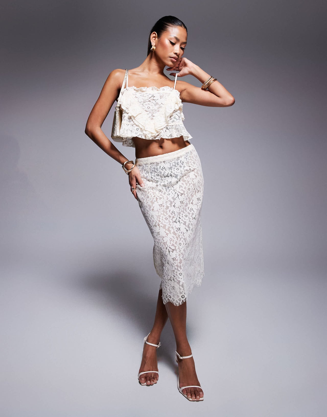 AFRM high waist midi skirt in cream floral