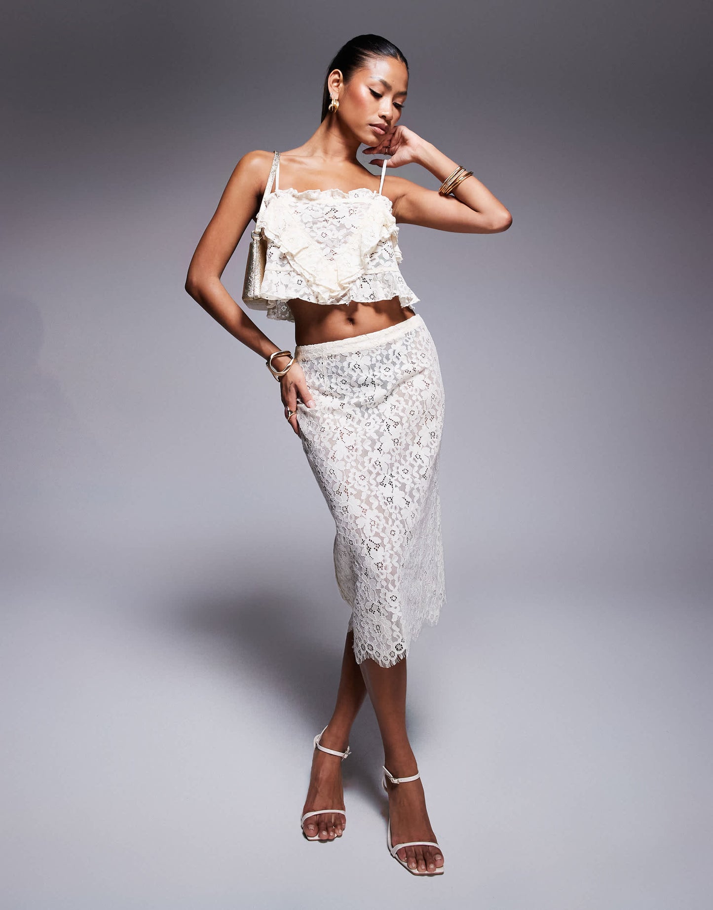 AFRM high waist midi skirt in cream floral
