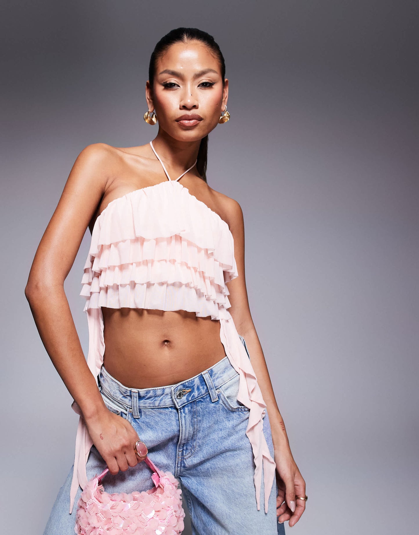 AFRM halter neck ruffle top in pink
