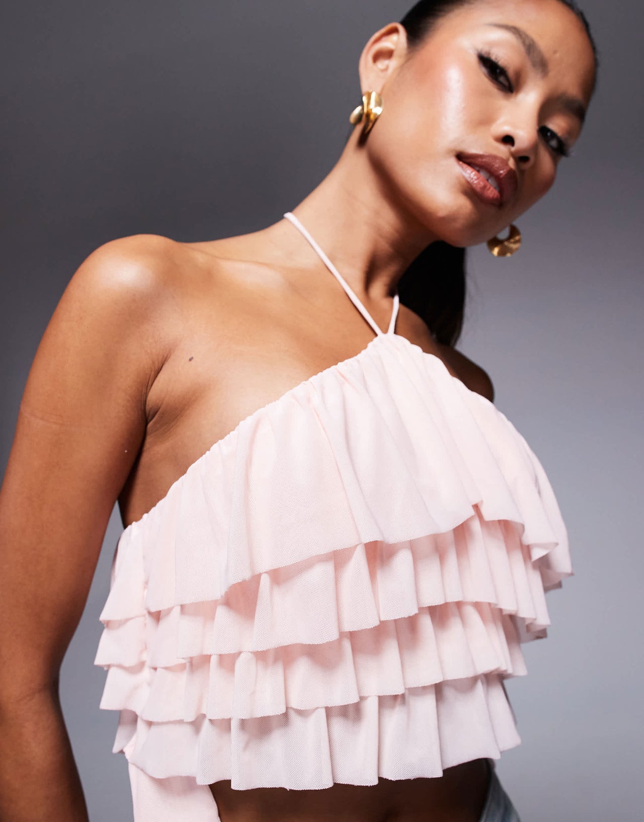 AFRM halter neck ruffle top in pink