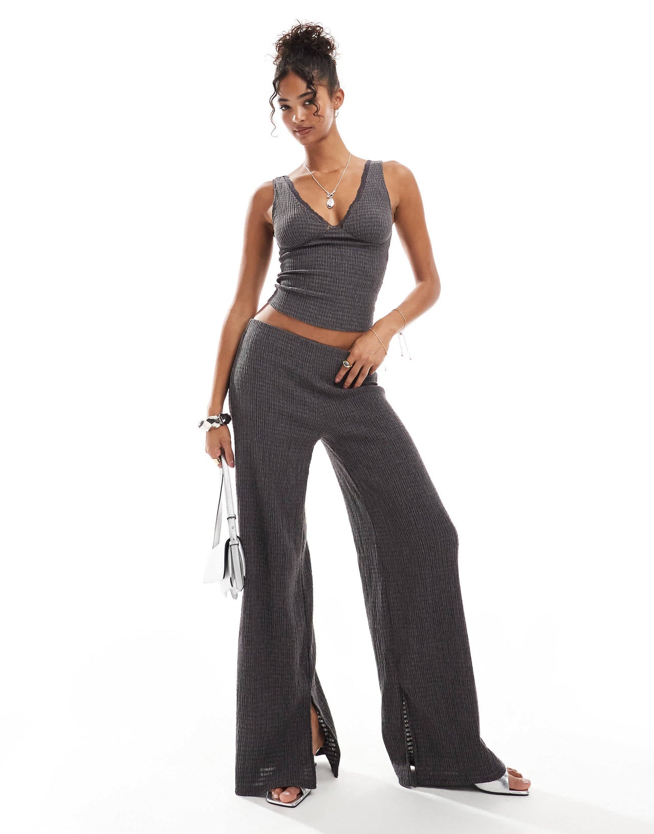 Bershka shirred flared trousers co-ord in charcoal