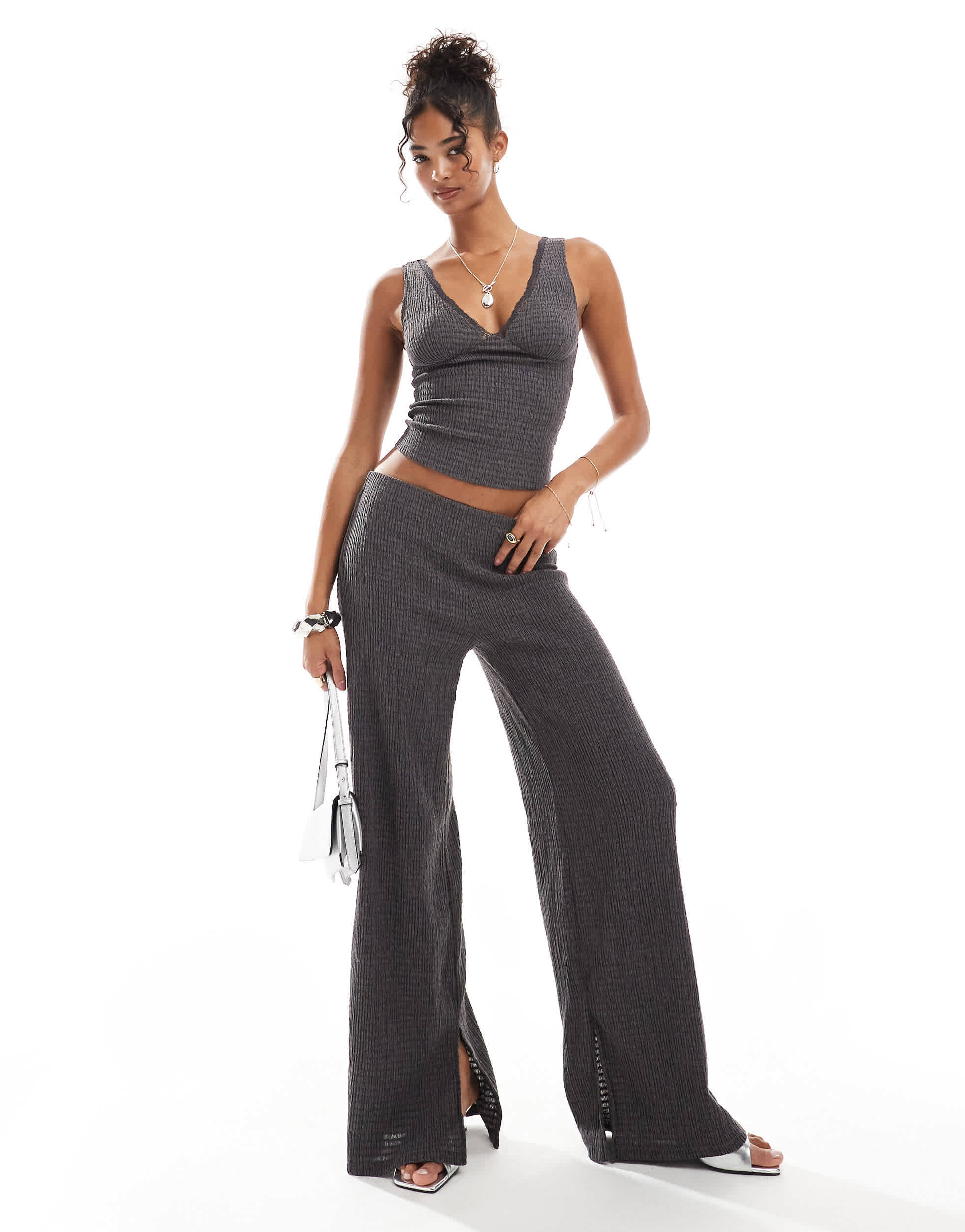 Bershka shirred flared trousers co-ord in charcoal
