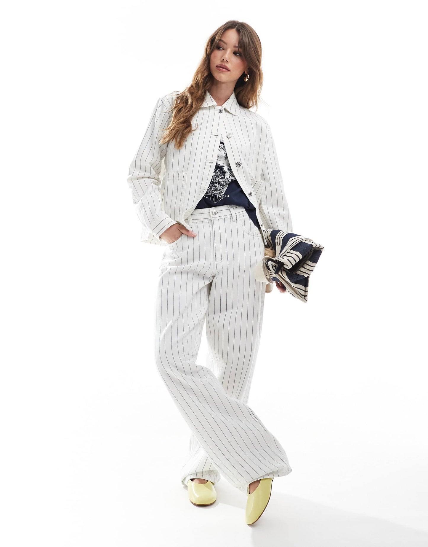 Pull&Bear oversized denim jacket in co-ord white pinstripe