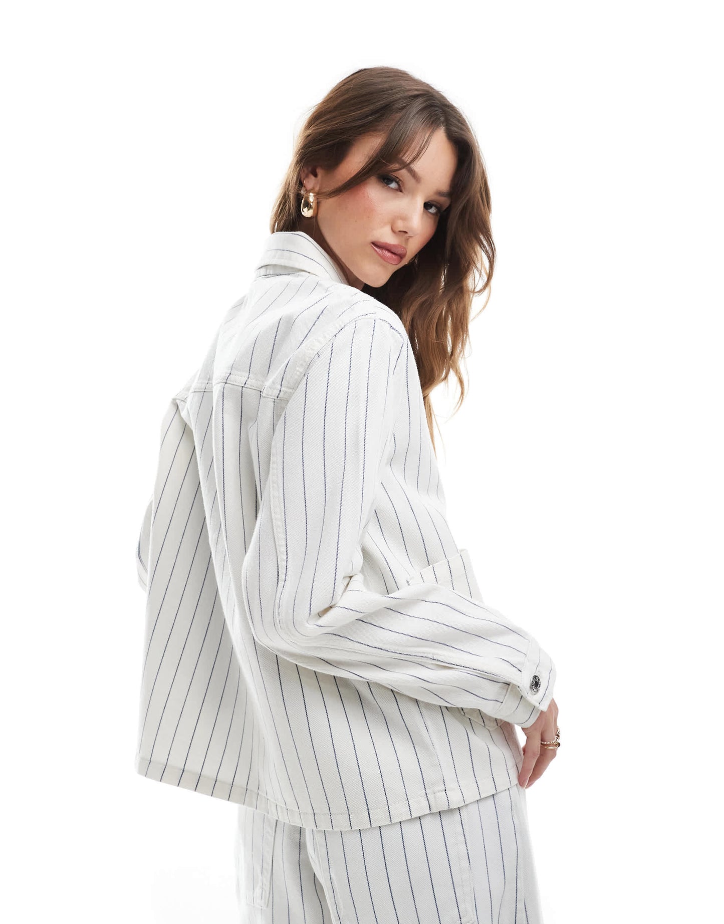 Pull&Bear oversized denim jacket in co-ord white pinstripe