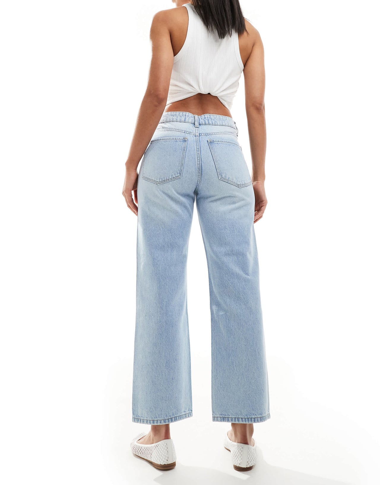 Bershka ankle length straight wide leg jeans in mid wash