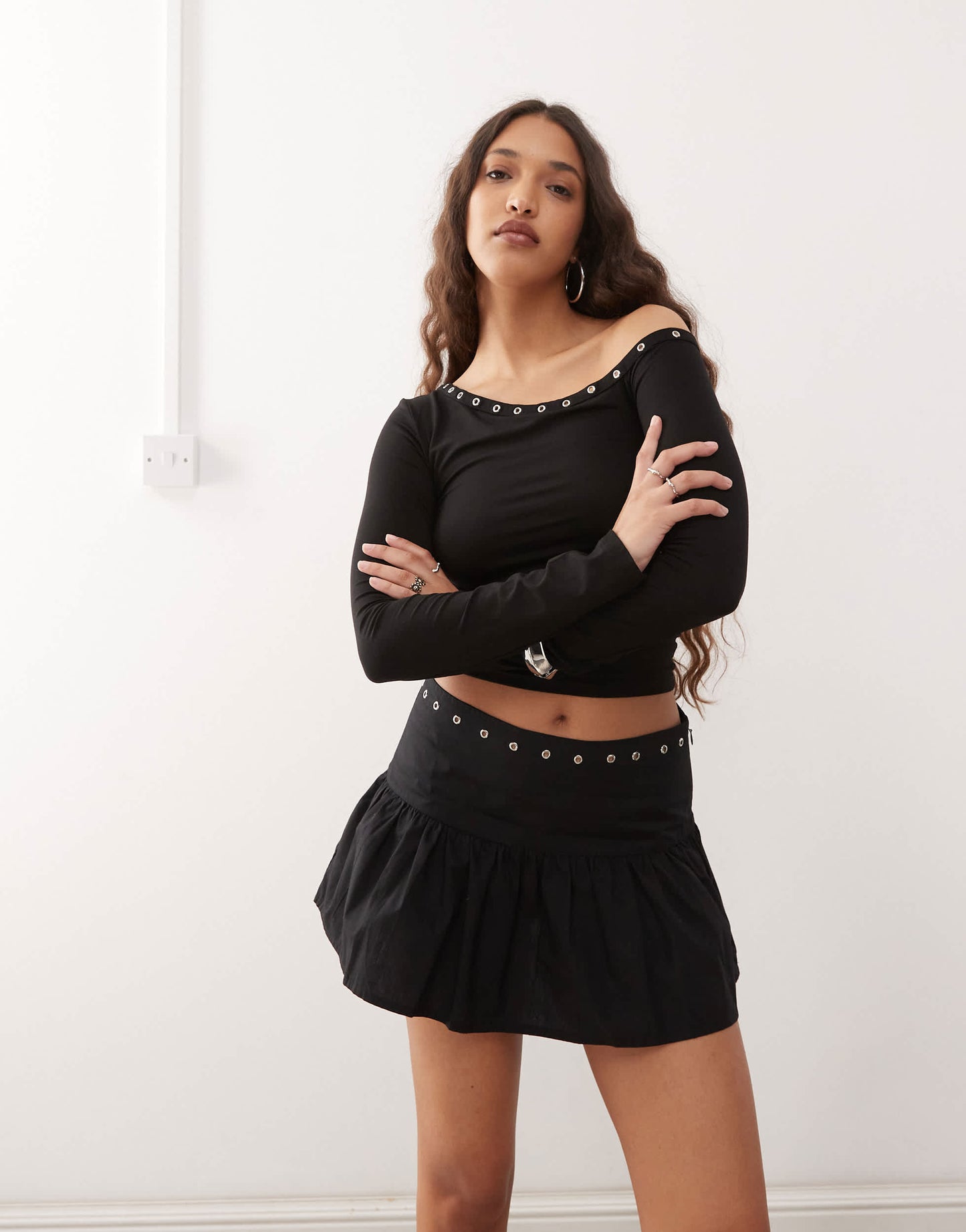 Motel rafiya skirt with eyelets in black