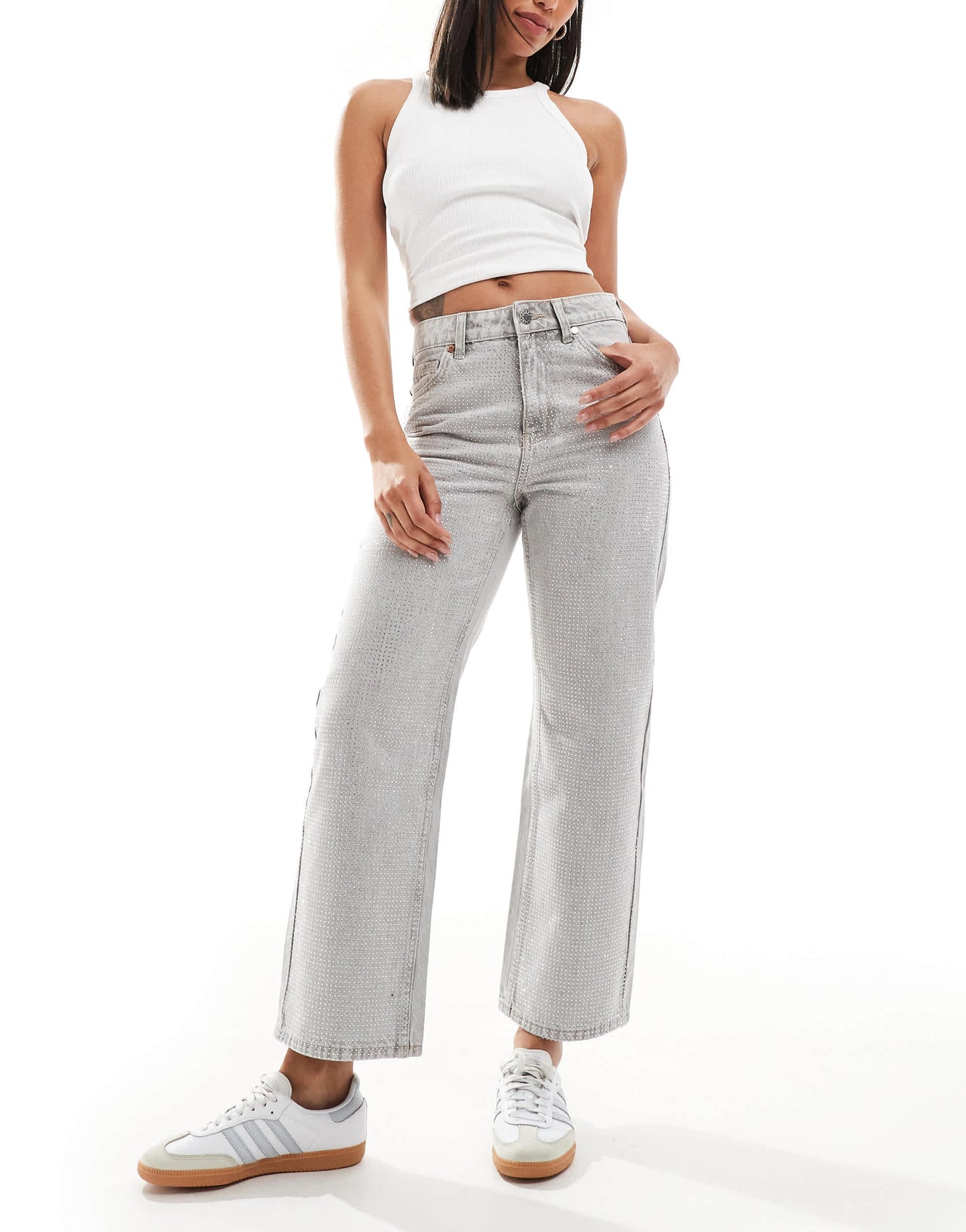 Bershka ankle length straight wide leg jeans in grey wash