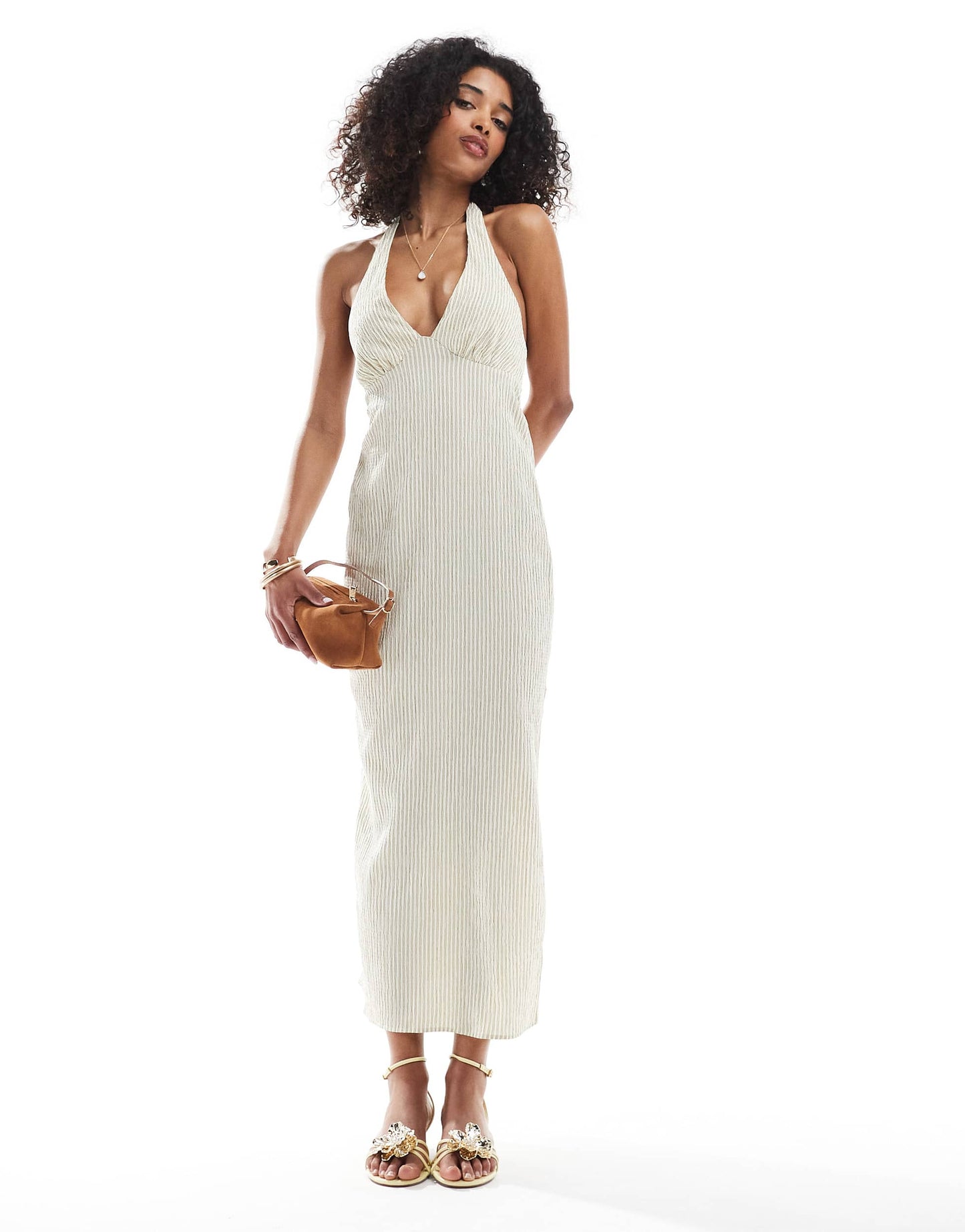 Bershka halterneck linen maxi dress in ecru stripe