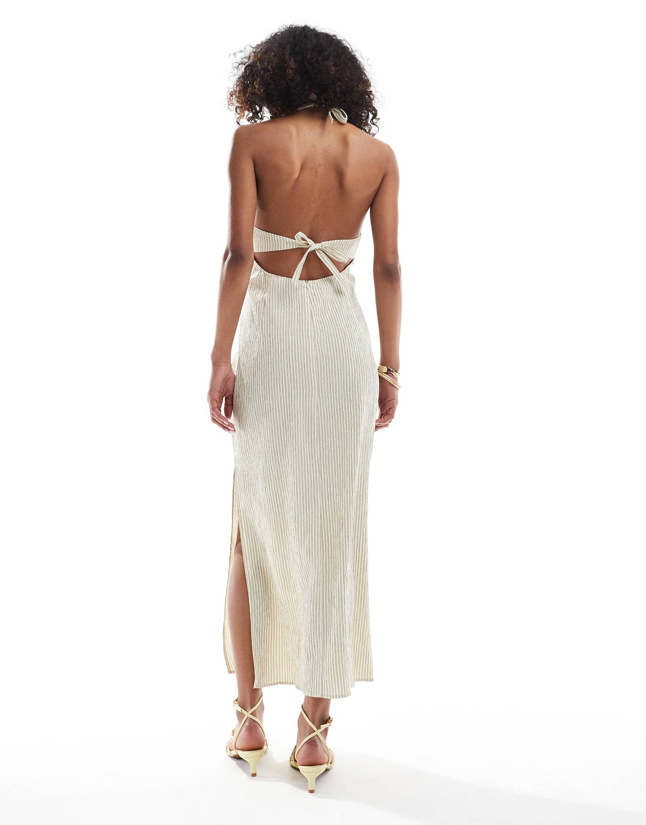 Bershka halterneck linen maxi dress in ecru stripe