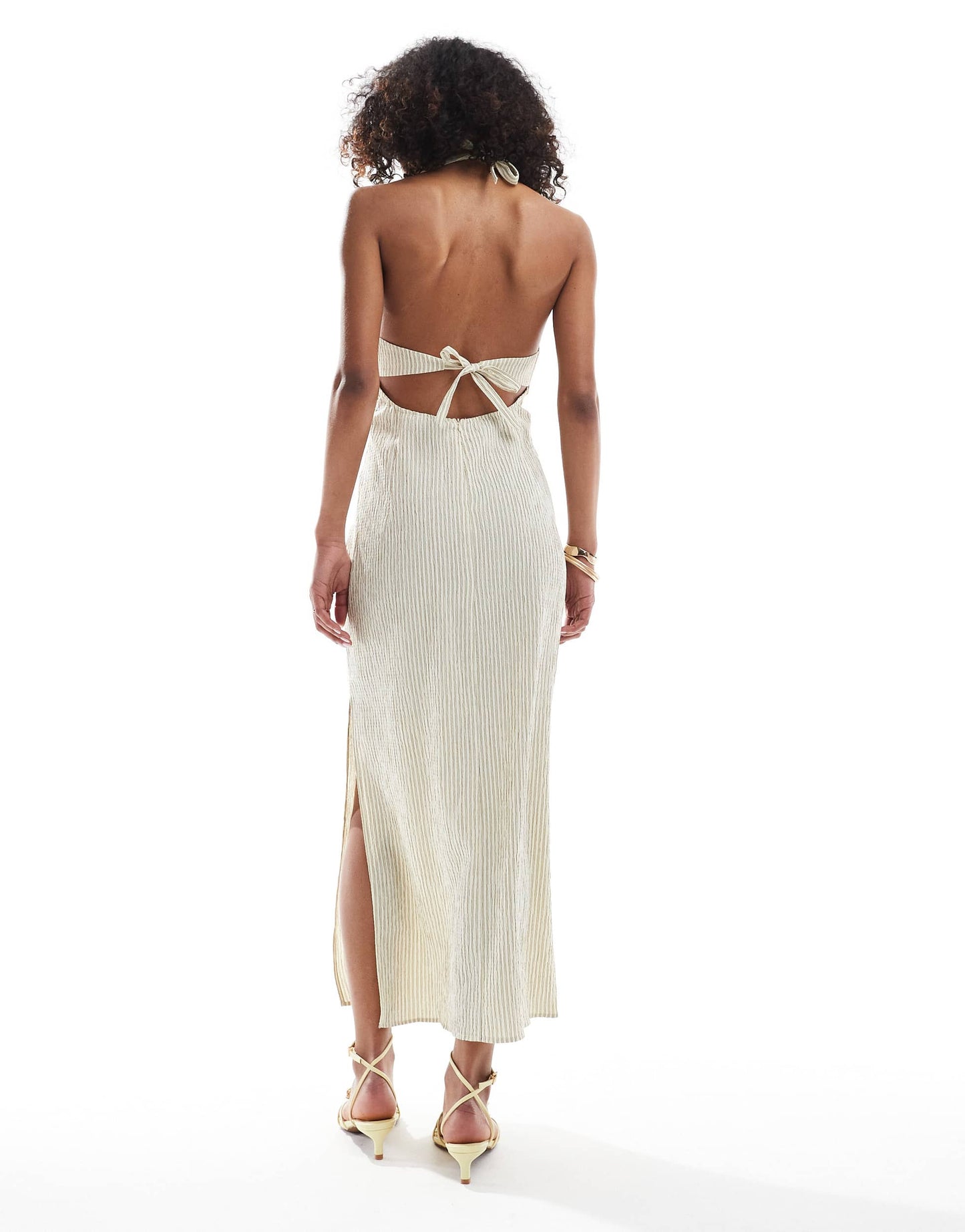 Bershka halterneck linen maxi dress in ecru stripe