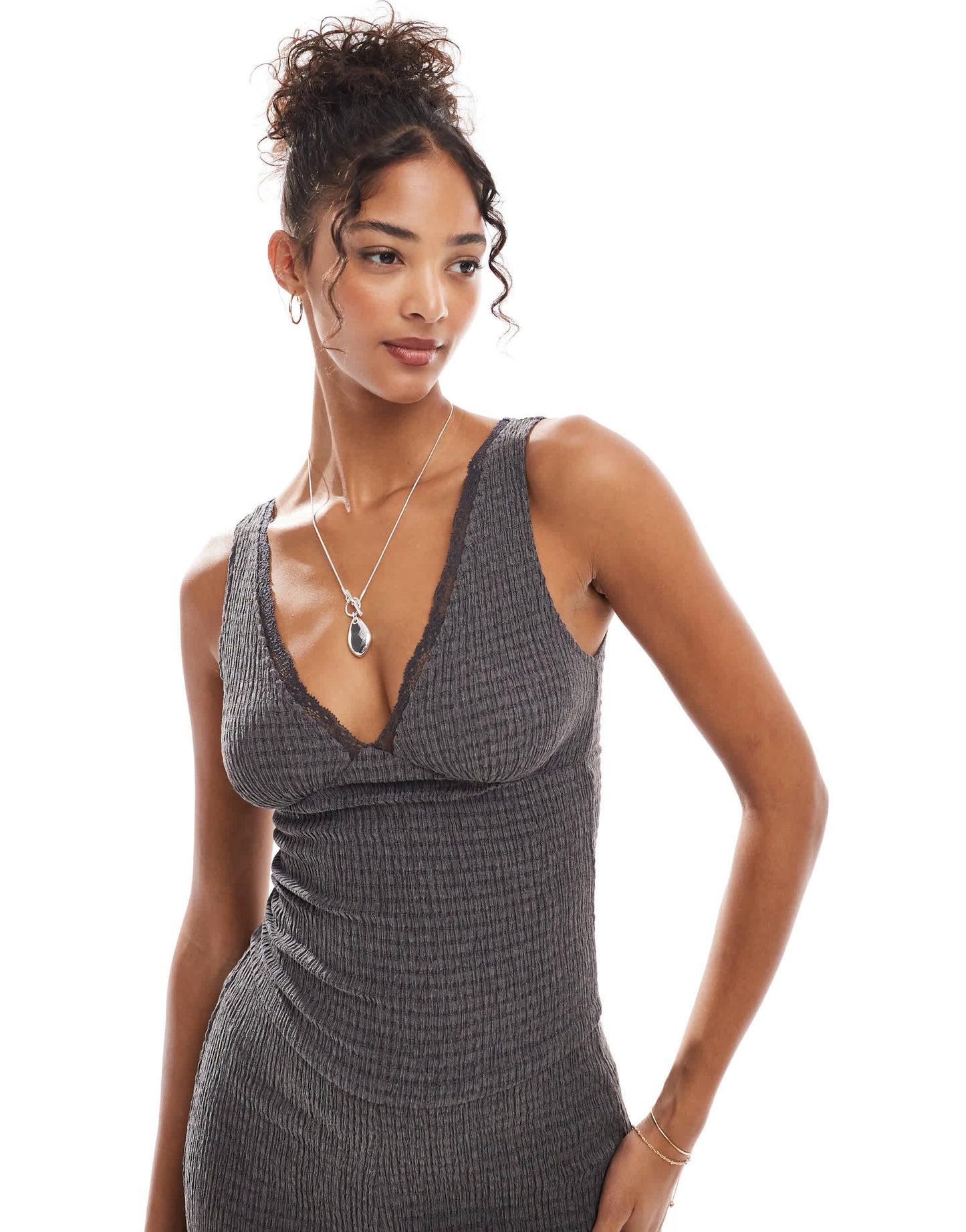Bershka lace detail plunge top co-ord in charcoal