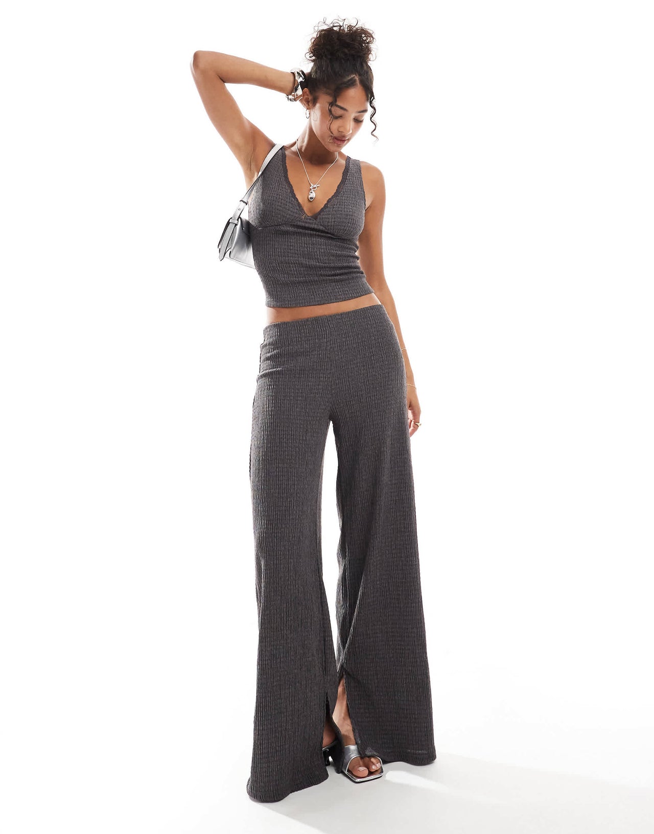 Bershka lace detail plunge top co-ord in charcoal