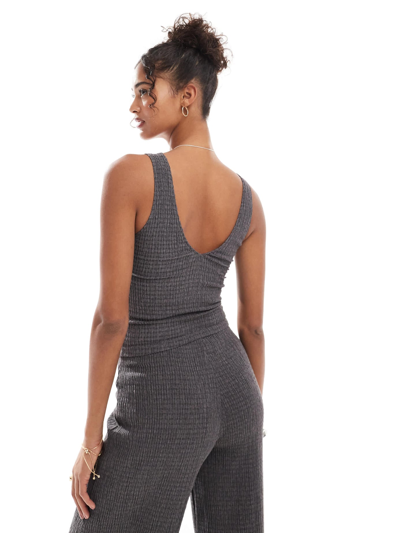 Bershka lace detail plunge top co-ord in charcoal