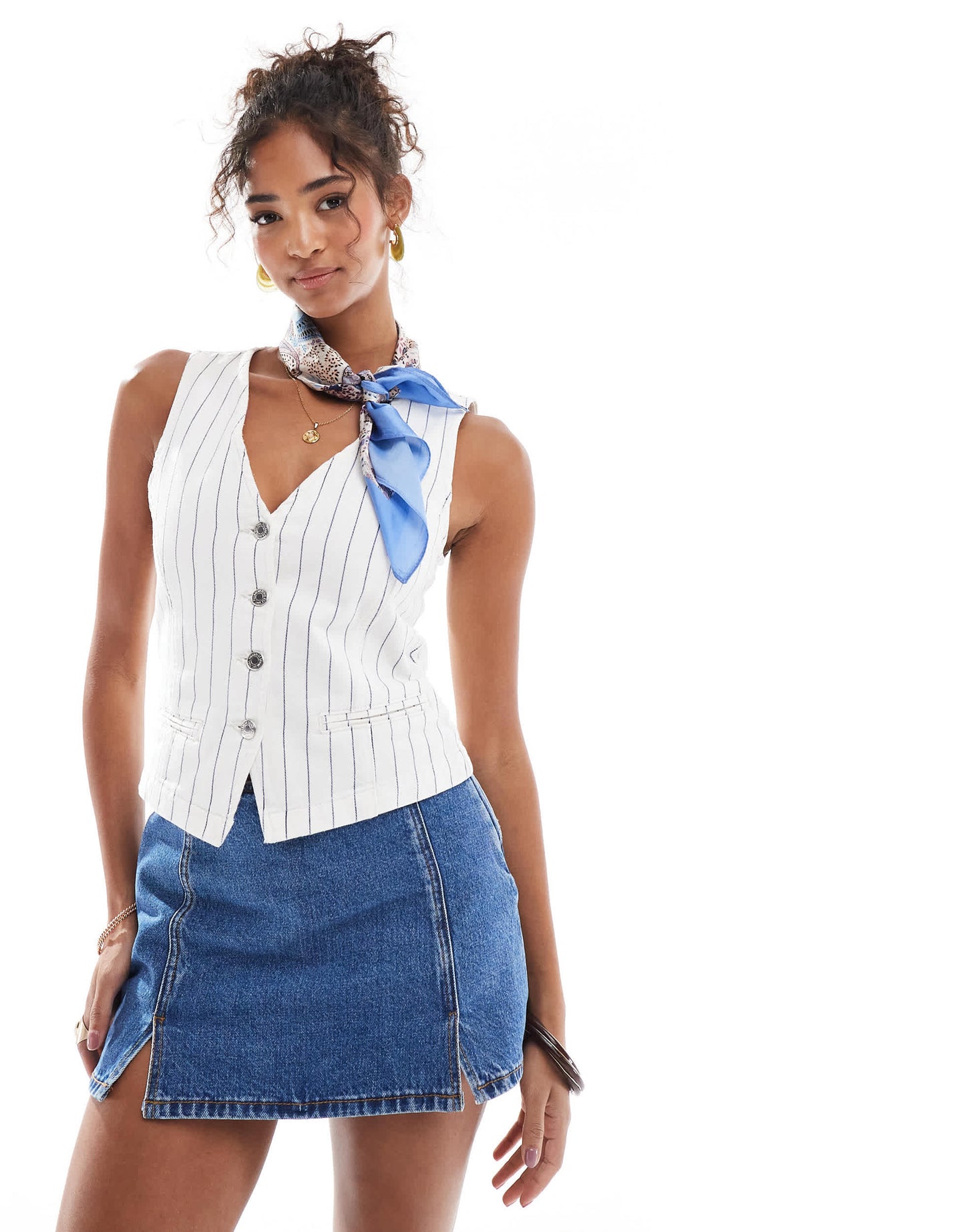 Pull&Bear denim waistcoat in white pinstripe