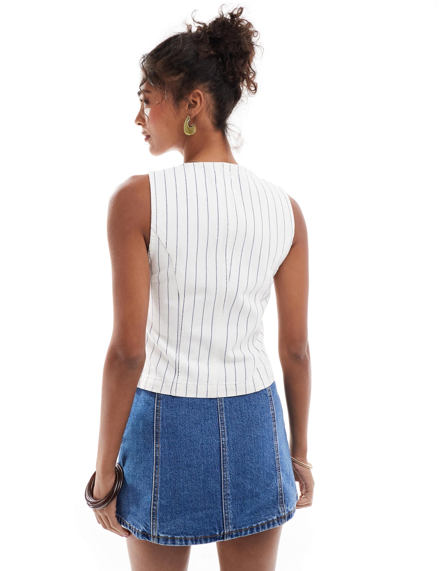Pull&Bear denim waistcoat in white pinstripe