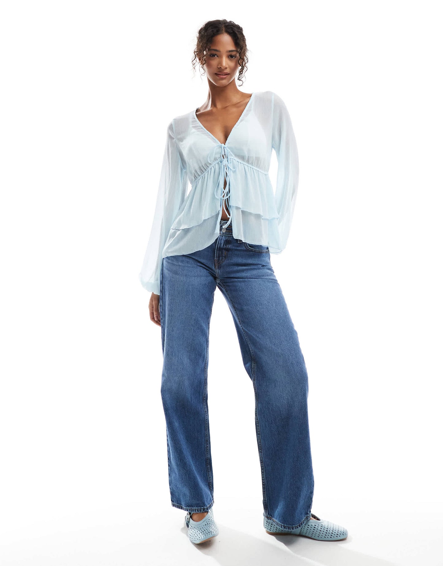 Pull&Bear ruffle detail blouse in light blue